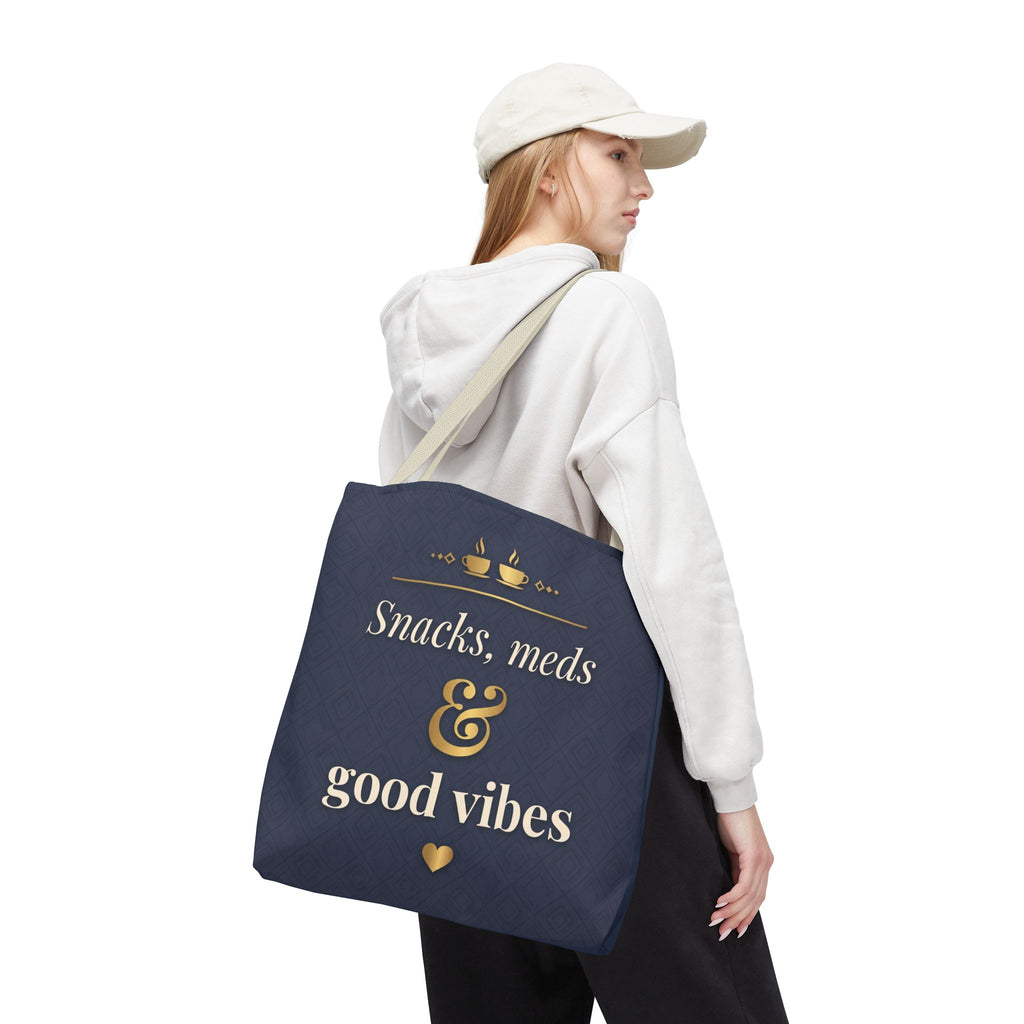 Snacks Meds & Good Vibes Tote | Funny Nurse Gift Tote Bag | Healthcare Worker Humour Gift | Premium Polyester Carry-All