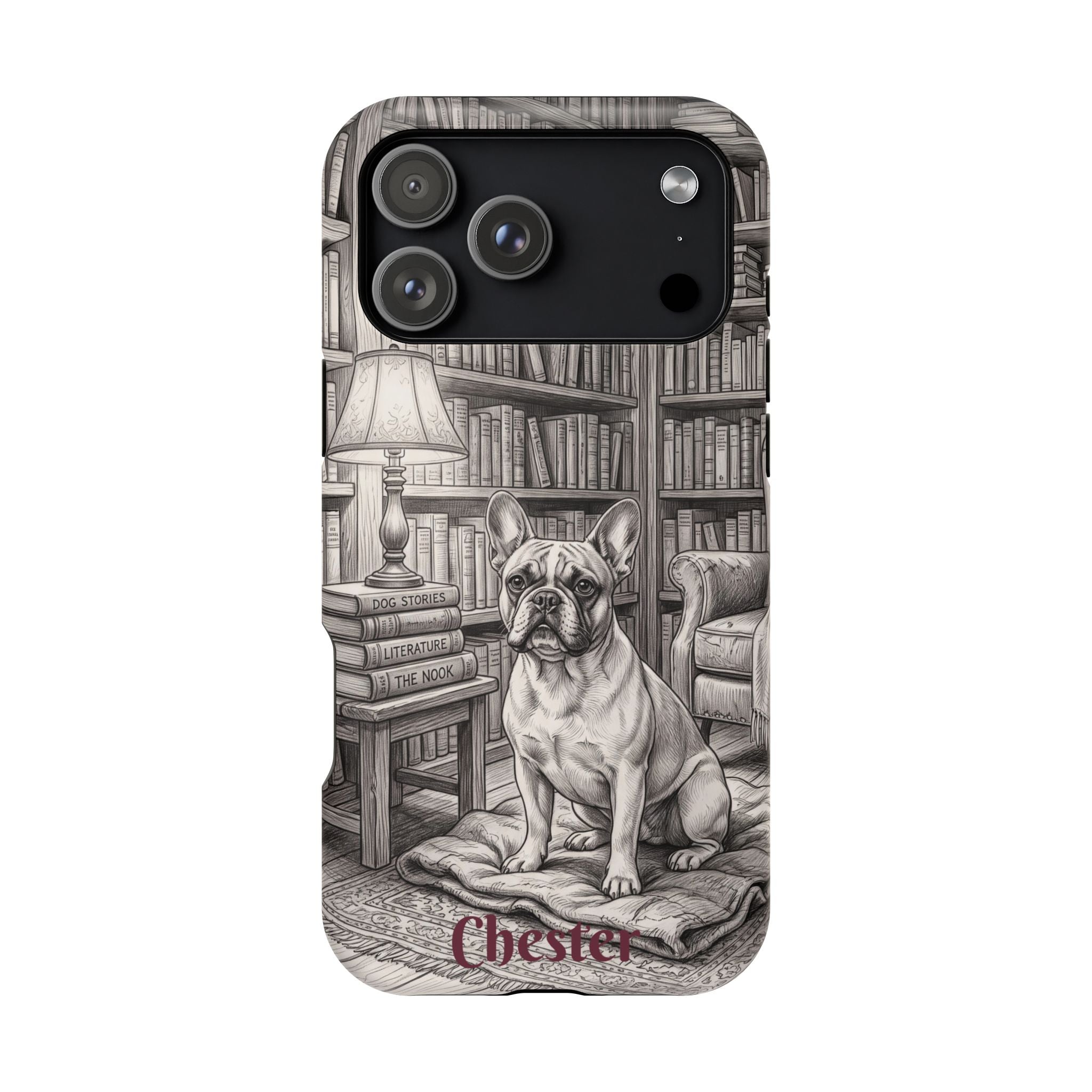 Personalized French Bulldog Library Study Phone Case — Wireless Charging Cover