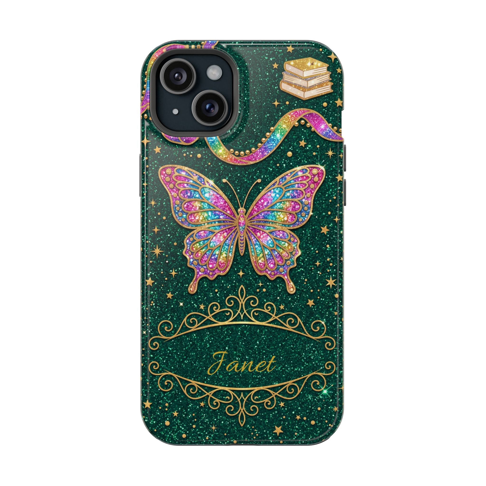 Rainbow Glitter Butterfly Personalized Teacher Phone Case — Wireless Charging Cover