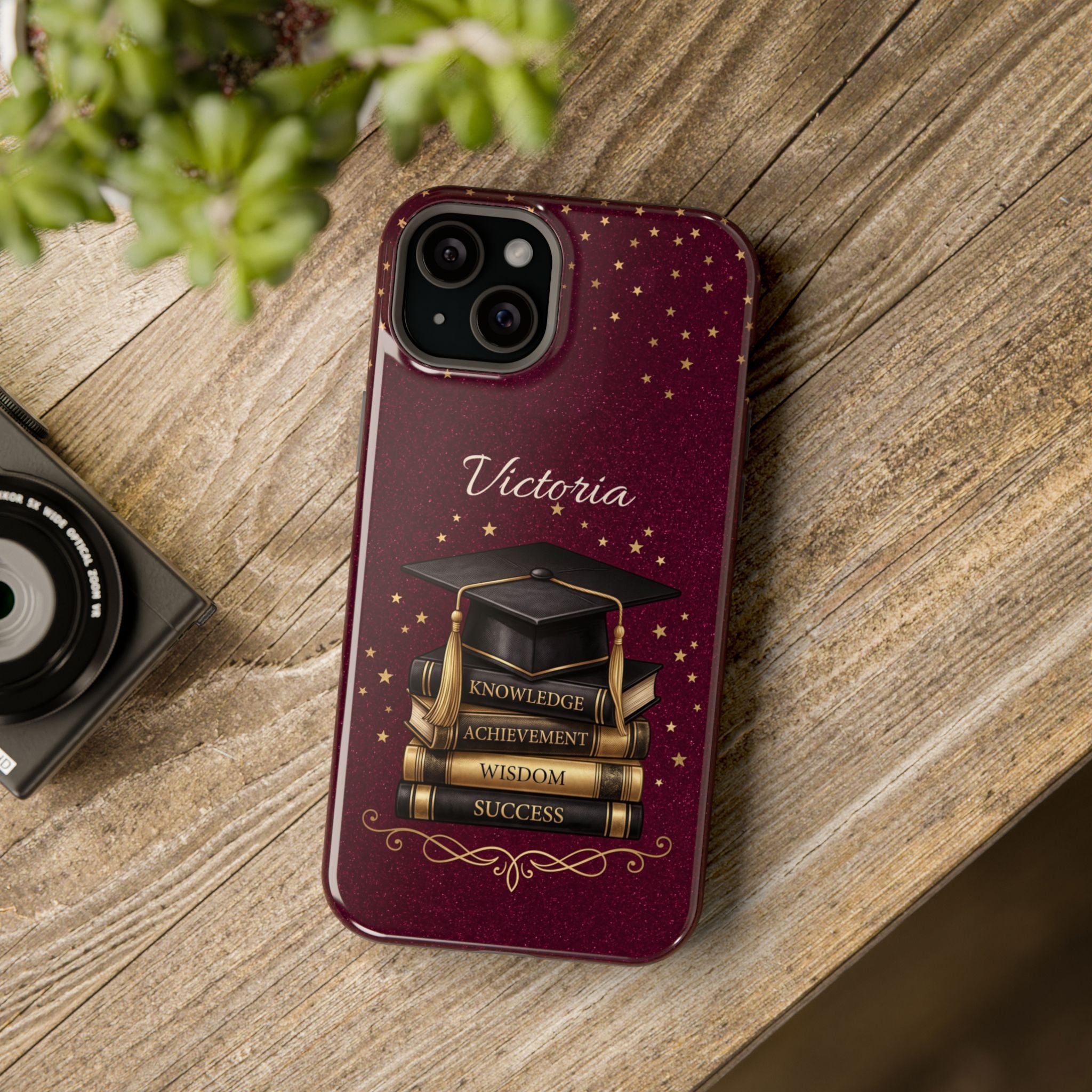 Graduation Cap & Books Personalized Teacher Phone Case — Wireless Charging Cover