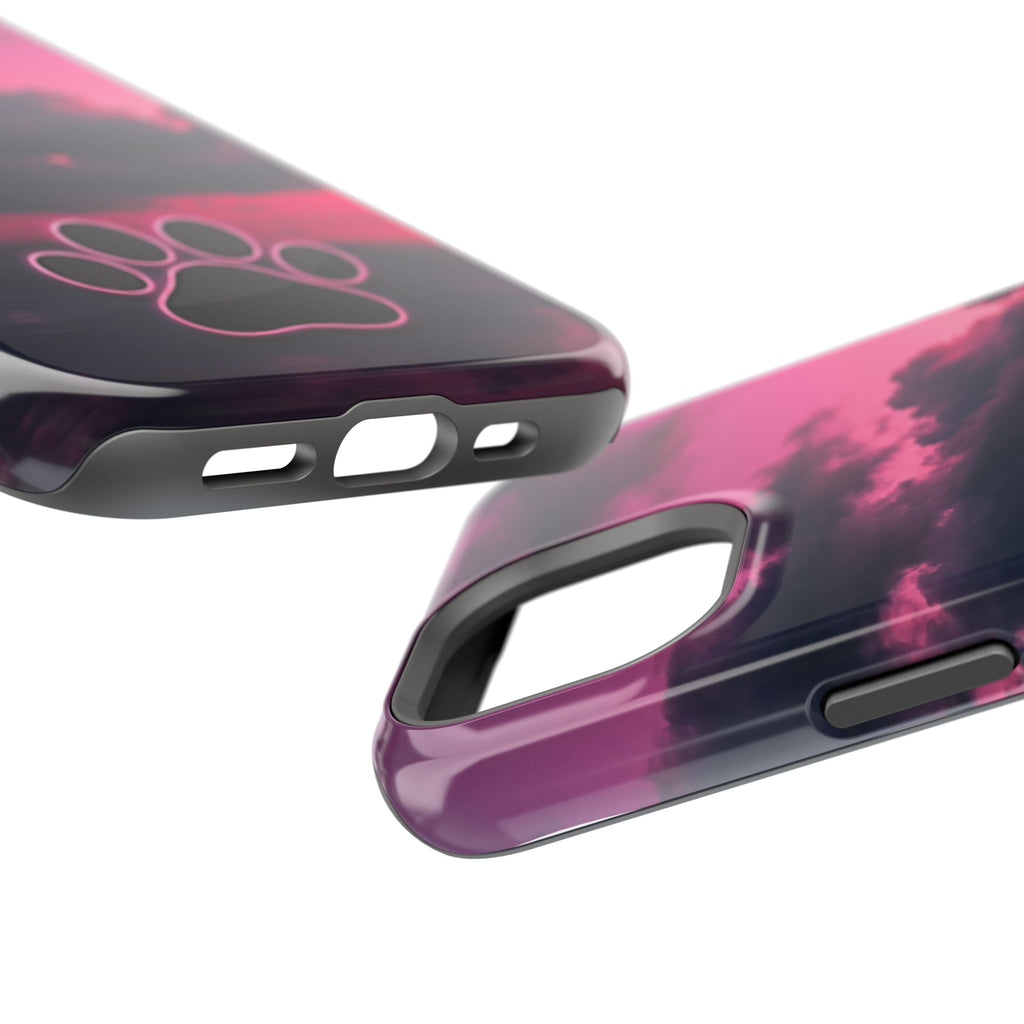 iPhone & Samsung Magnetic Impact-Resistant Phone Case — Pink Twilight Cloud with Paw Print
