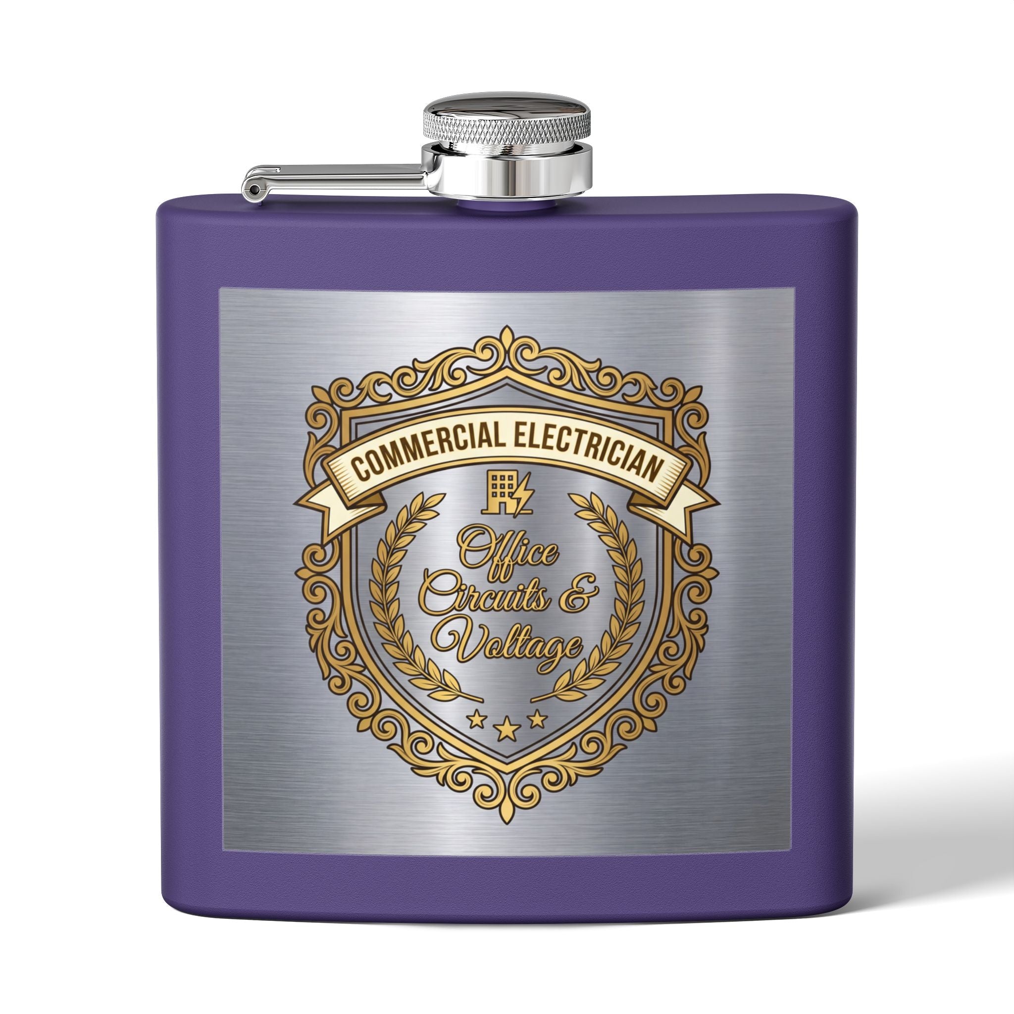 Flask — "Commercial Electrician: Office Circuits & Voltage" (Shield Badge) 6oz Stainless Steel Hip Flask