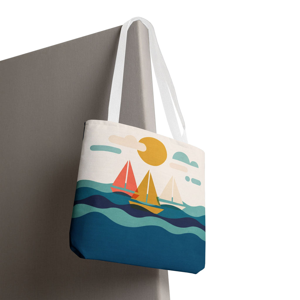 Minimalist Sailboat Tote Bag – Mid-Century Modern Ocean Waves Beach Bag