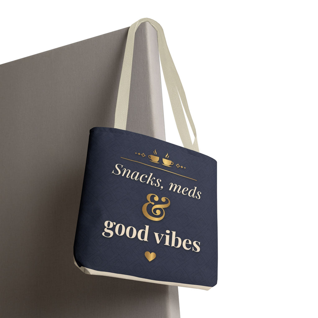 Snacks Meds & Good Vibes Tote | Funny Nurse Gift Tote Bag | Healthcare Worker Humour Gift | Premium Polyester Carry-All