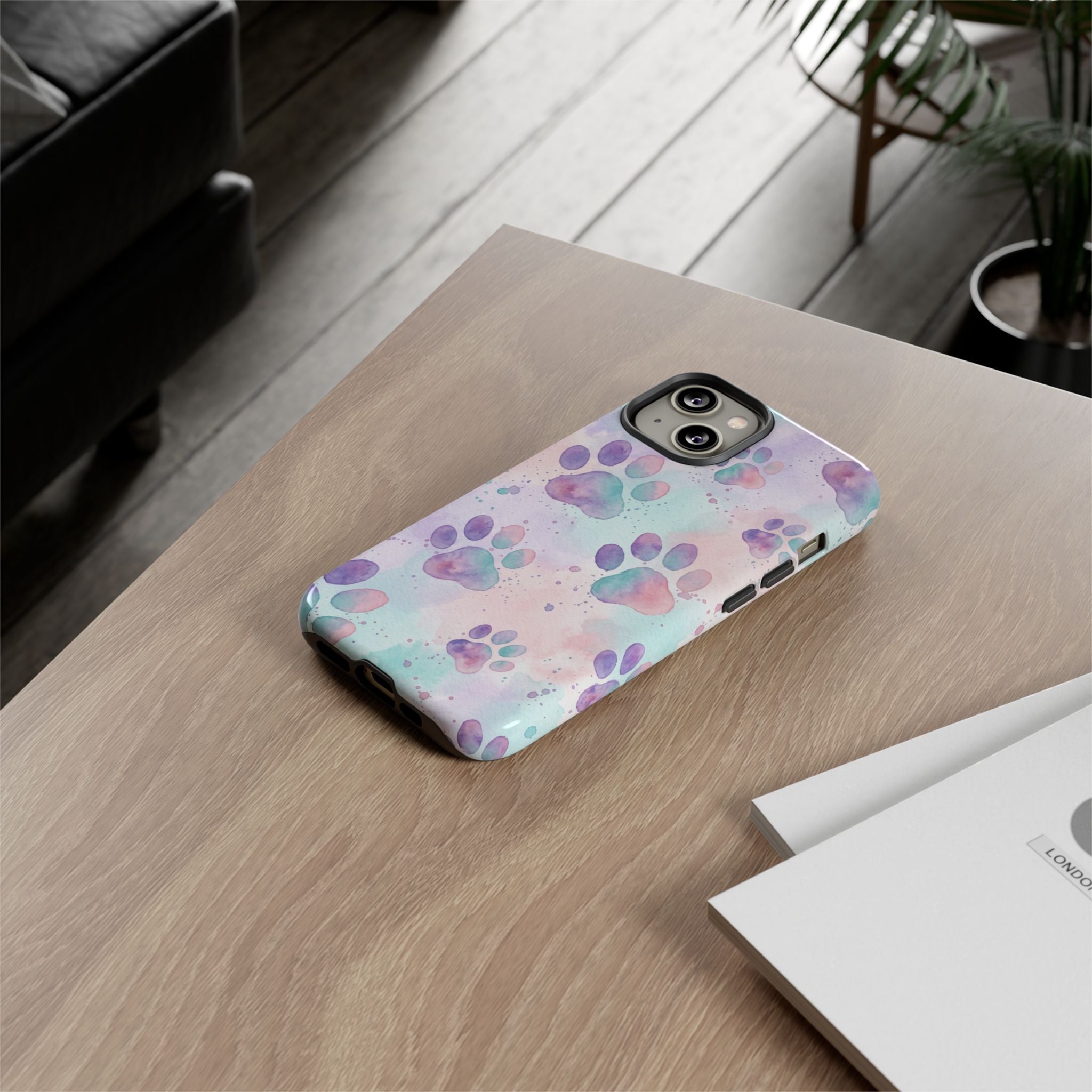 Watercolor Paw Print Phone Case | Pastel Purple, Teal & Pink Artistic Pattern | Samsung & iPhone