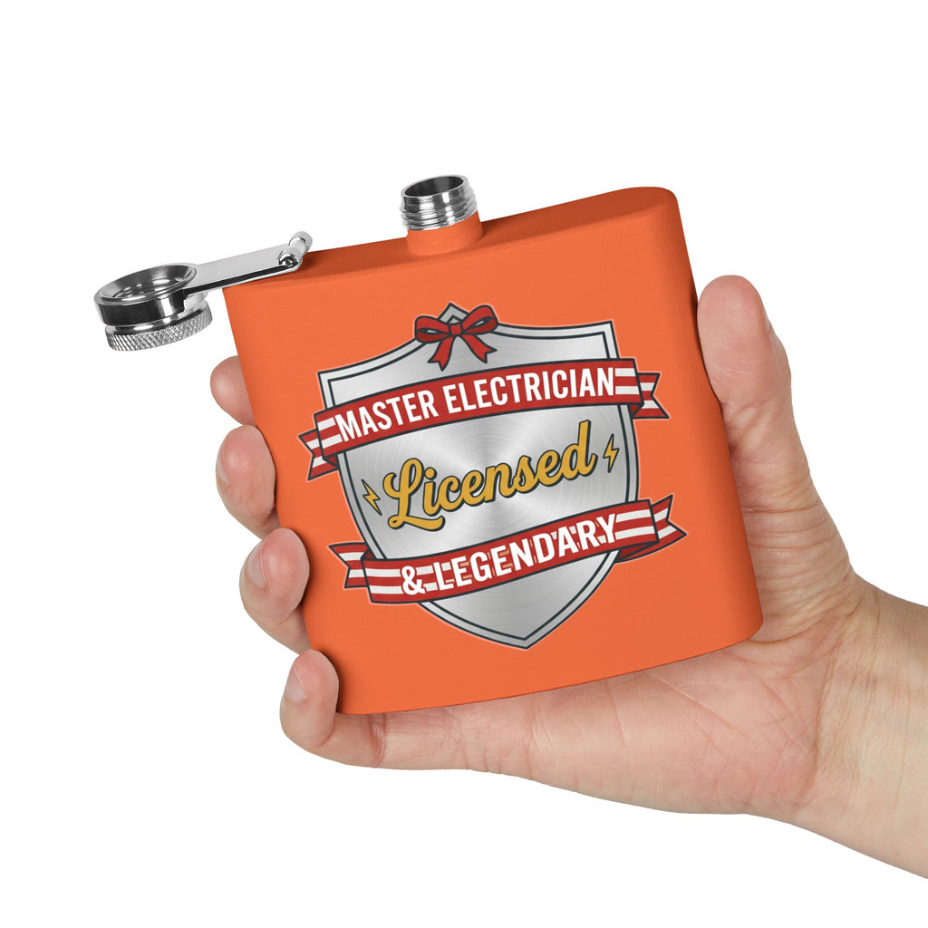 Flask — "Master Electrician: Licensed & Legendary" (Shield Badge) 6oz Stainless Steel Hip Flask