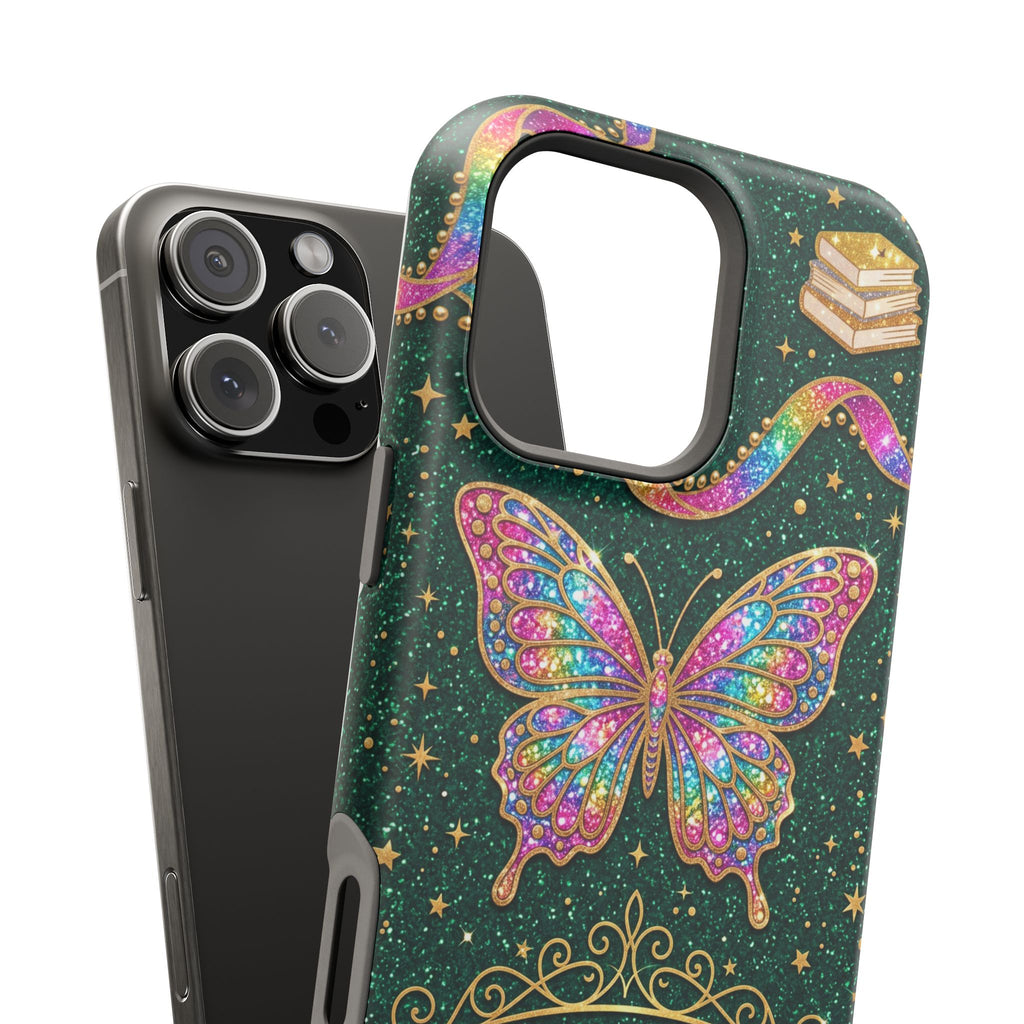 Rainbow Glitter Butterfly Personalized Teacher Phone Case — Wireless Charging Cover