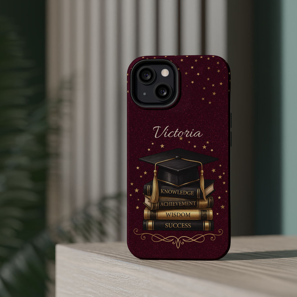 Graduation Cap & Books Personalized Teacher Phone Case — Wireless Charging Cover