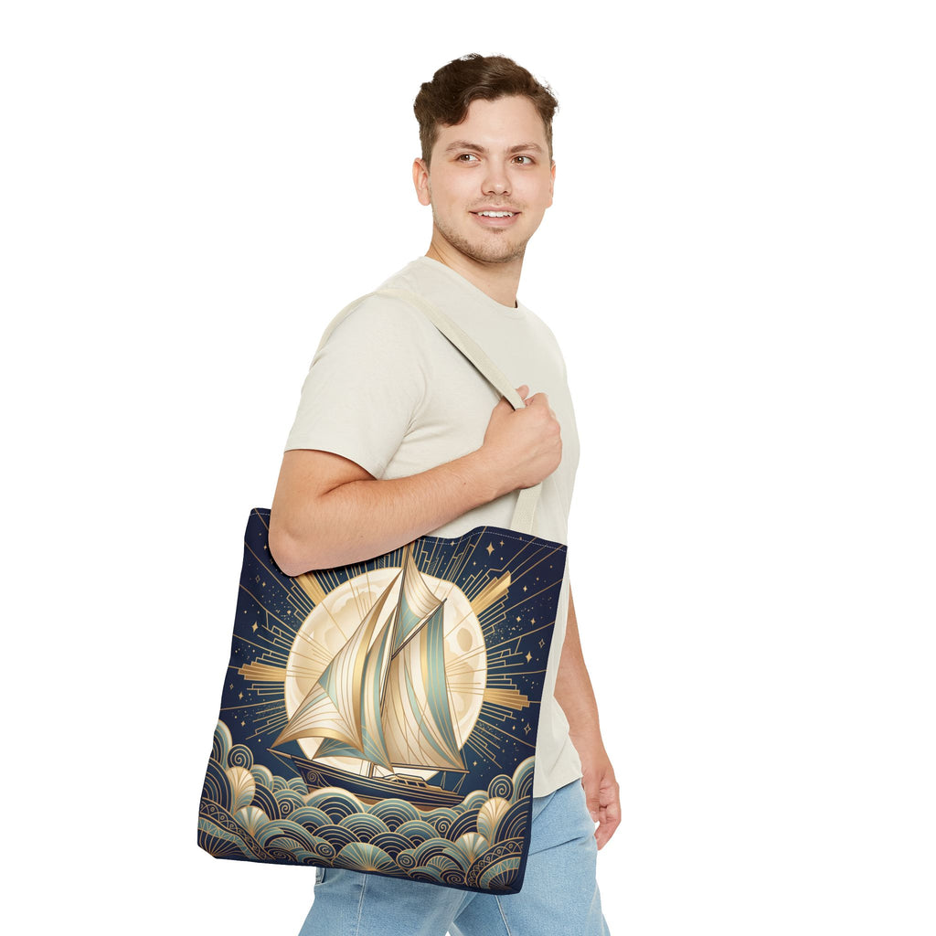 Art Deco Moonlit Sailboat Tote Bag – Starry Night Nautical Beach Bag