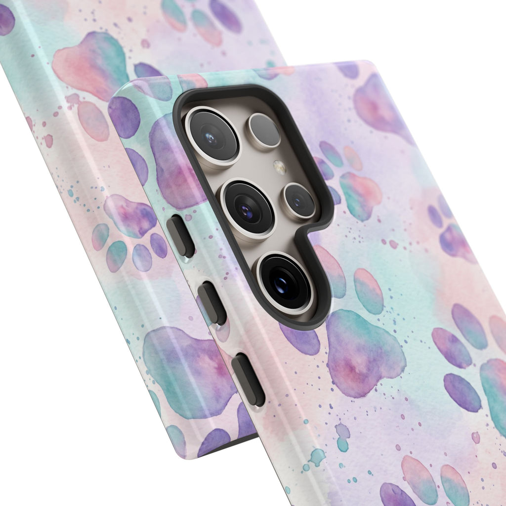 Watercolor Paw Print Phone Case | Pastel Purple, Teal & Pink Artistic Pattern | Samsung & iPhone