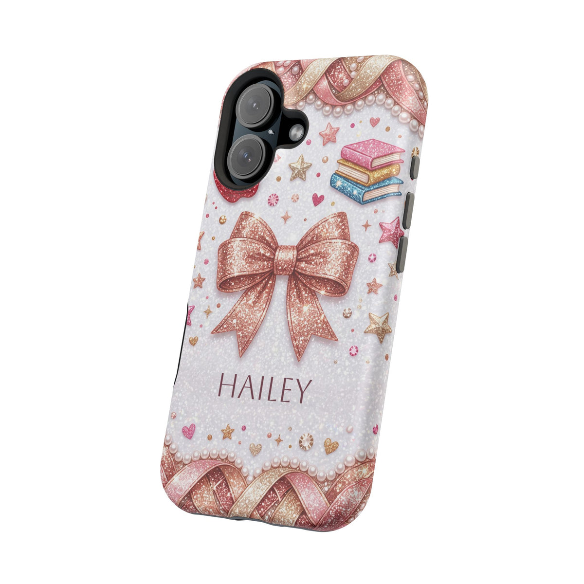Rose Gold Glitter Bow Personalized Teacher Phone Case — Wireless Charging Cover
