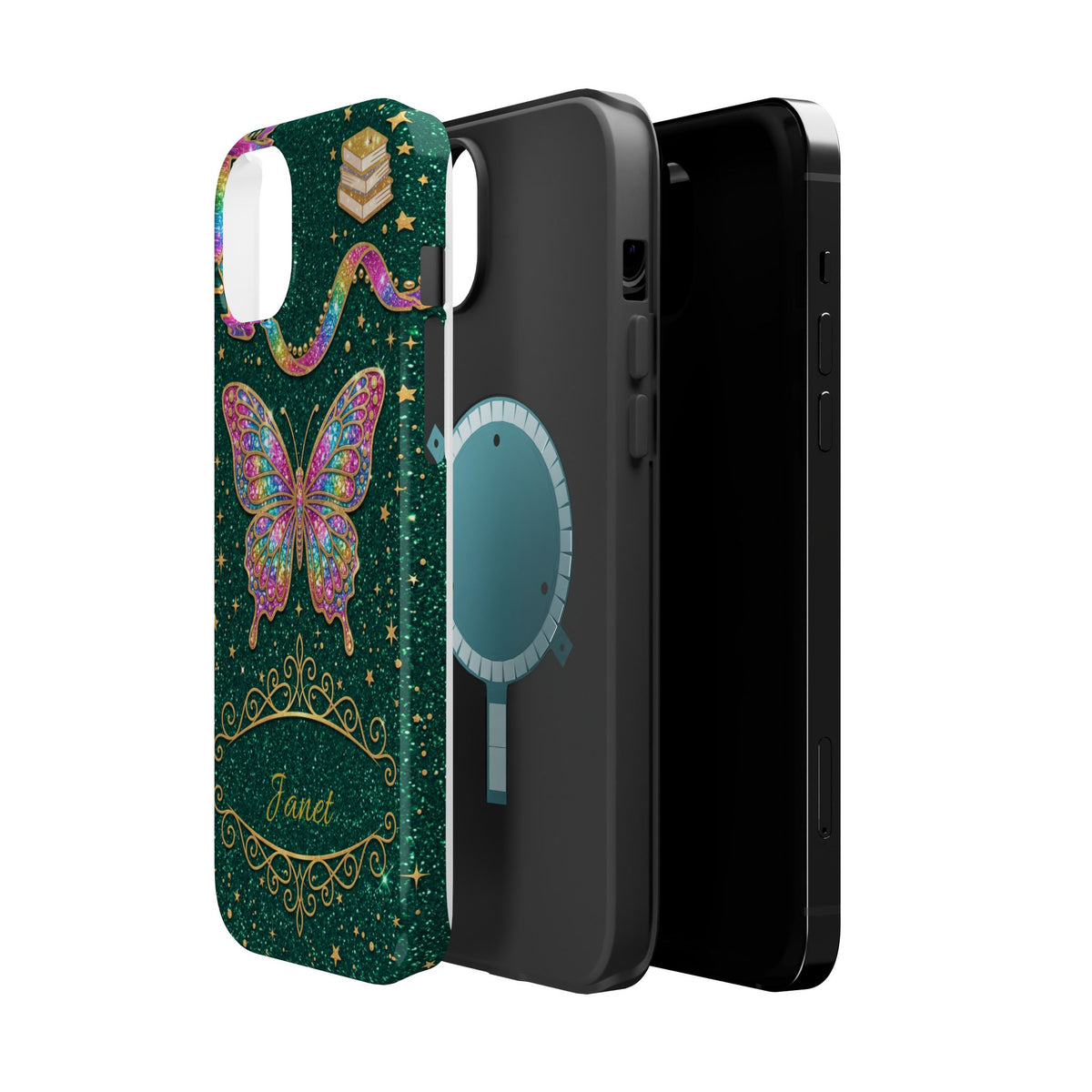 Rainbow Glitter Butterfly Personalized Teacher Phone Case — Wireless Charging Cover