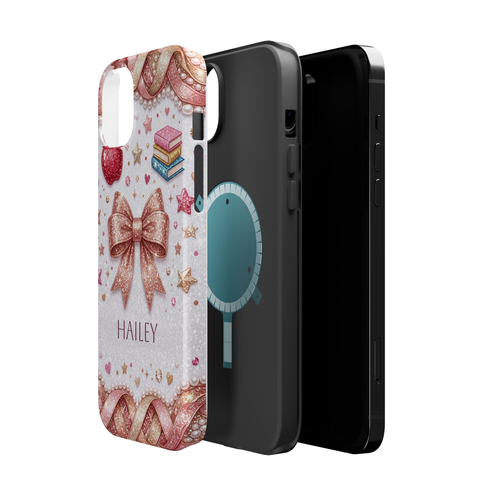 Rose Gold Glitter Bow Personalized Teacher Phone Case — Wireless Charging Cover