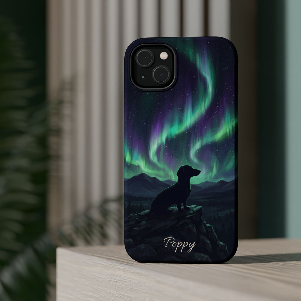 Personalized Dachshund Northern Lights Phone Case — Wireless Charging Cover