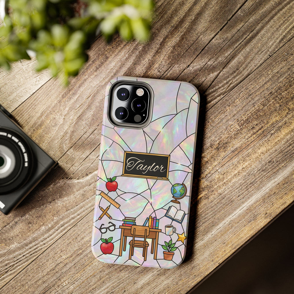 Personalized Teacher Phone Case — Custom Name Stained Glass Classroom Design