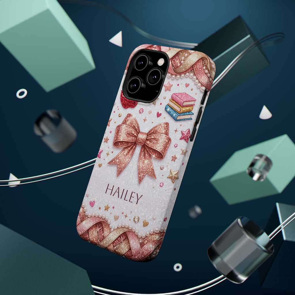 Rose Gold Glitter Bow Personalized Teacher Phone Case — Wireless Charging Cover