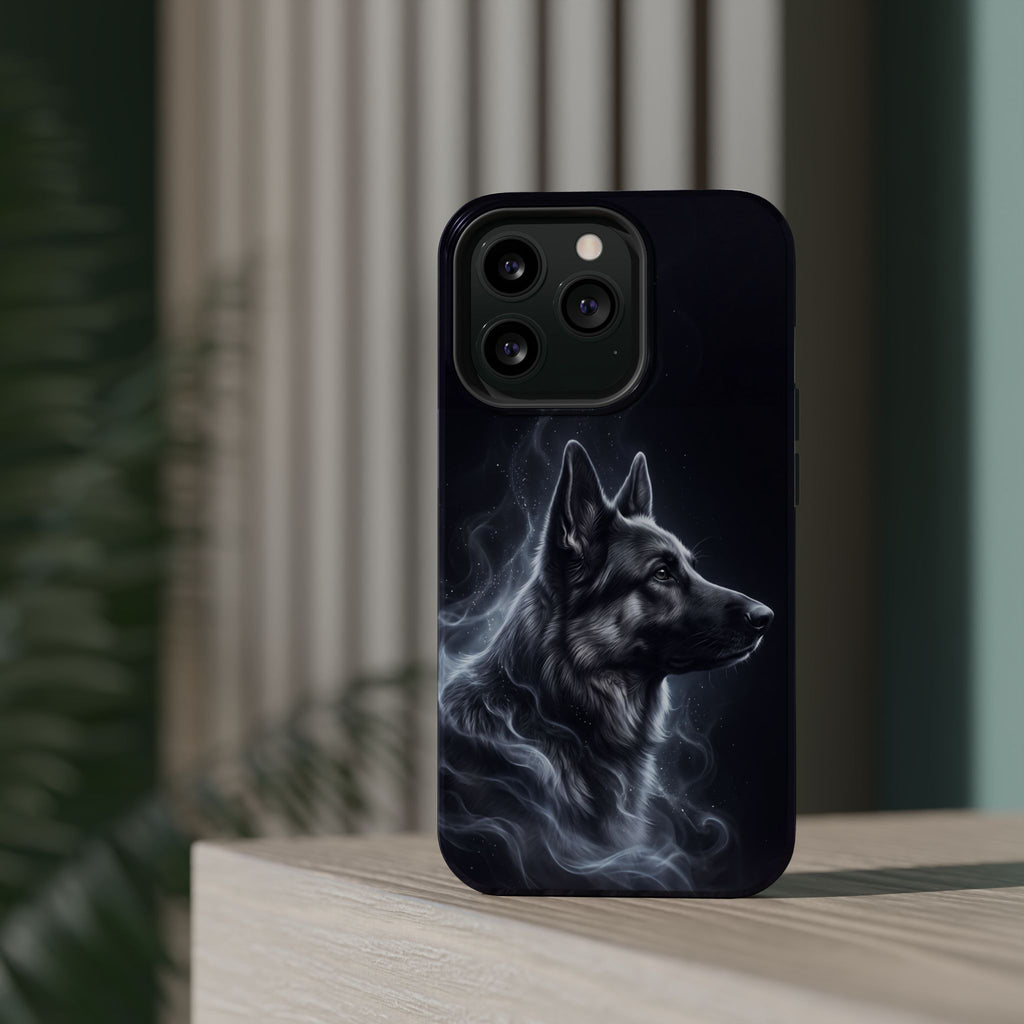 German Shepherd Phone Case | Silver Moonlight Mist Art — Tough Magnetic Case with Wireless Charging