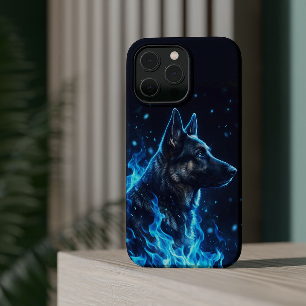 German Shepherd Phone Case | Blue Flame Art — Tough Magnetic Case with Wireless Charging
