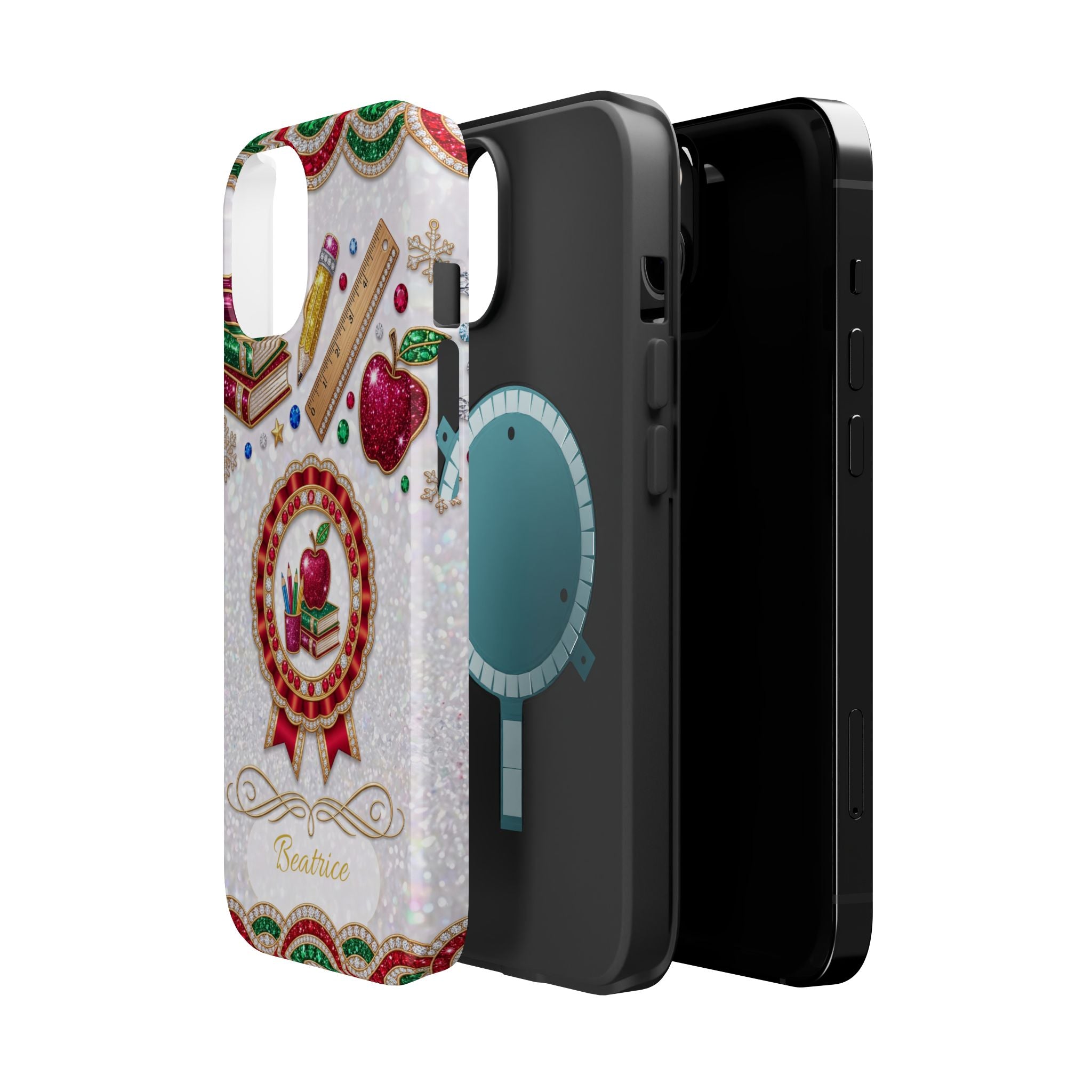 Jeweled Apple Medallion Personalized Teacher Phone Case — Wireless Charging Cover