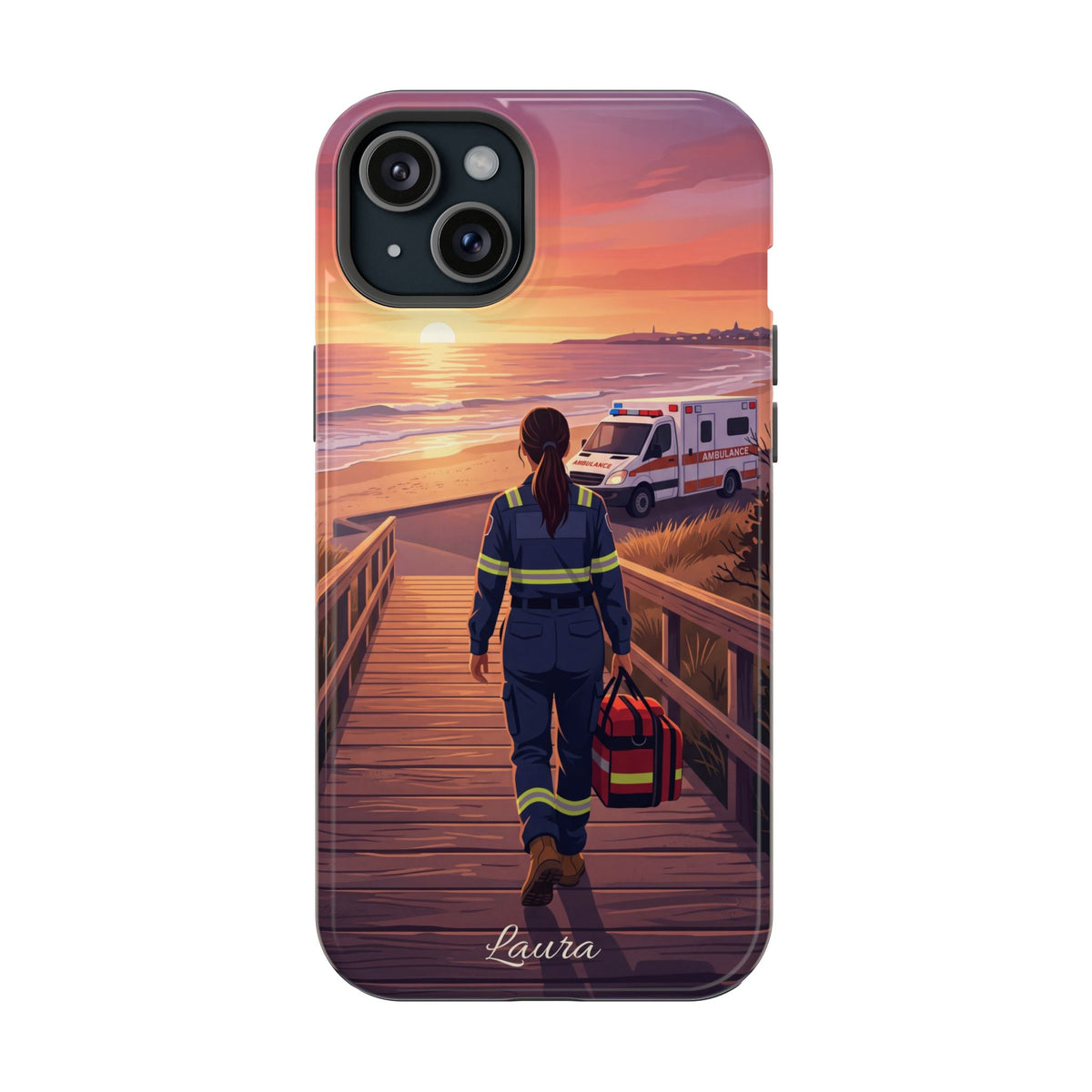 Sunset Boardwalk Personalized Paramedic Phone Case — Wireless Charging Cover