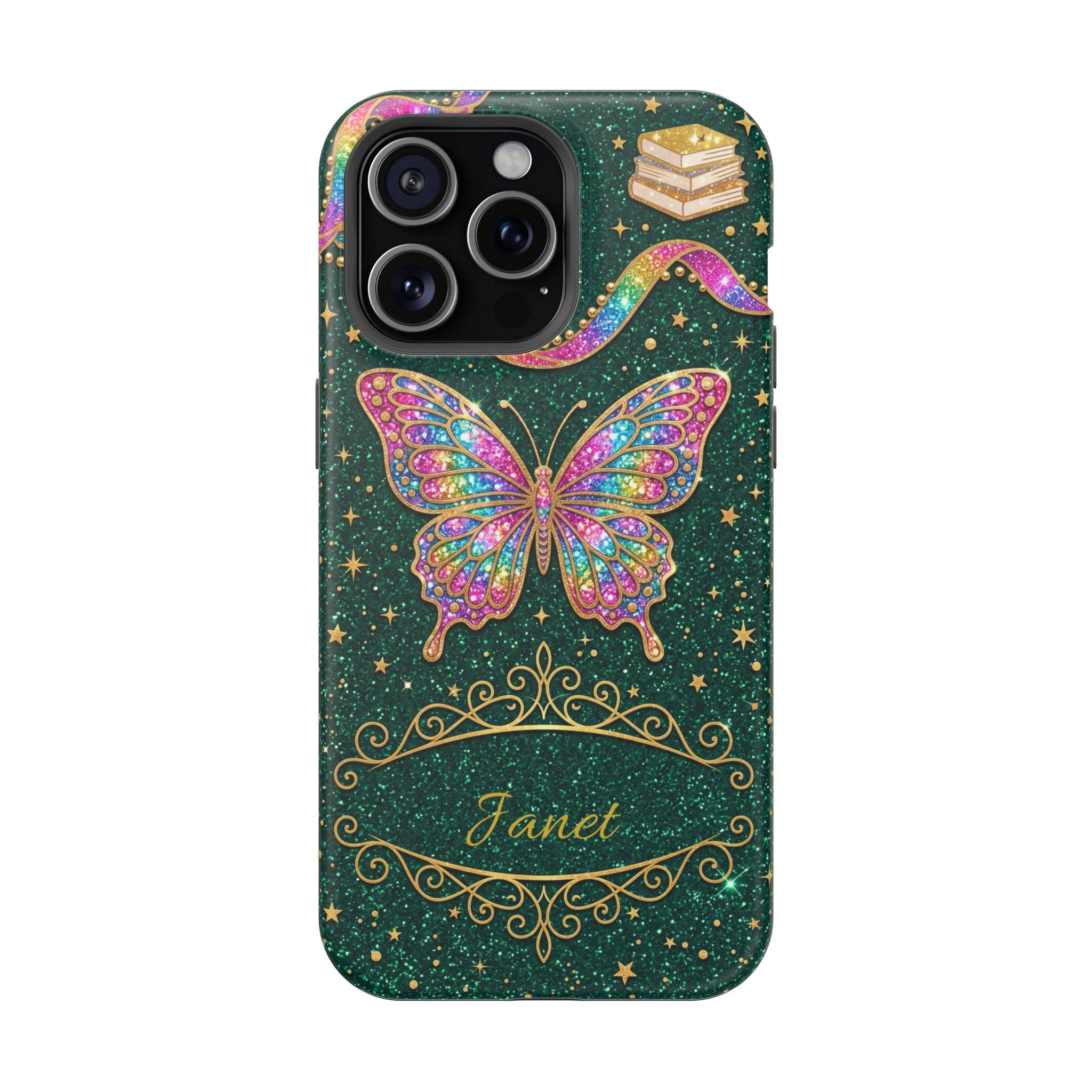 Rainbow Glitter Butterfly Personalized Teacher Phone Case — Wireless Charging Cover