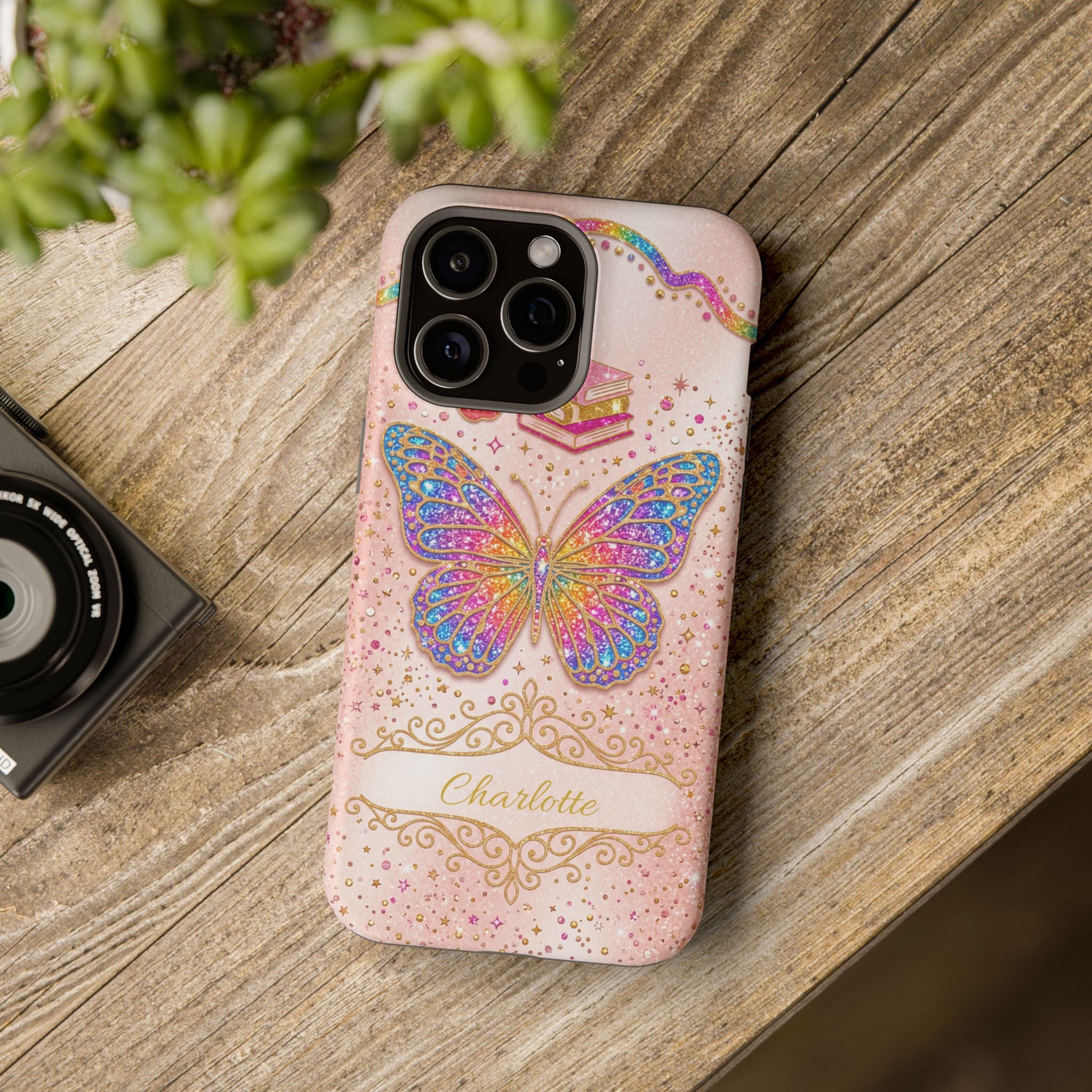 Blush Glitter Butterfly Personalized Teacher Phone Case — Wireless Charging Cover