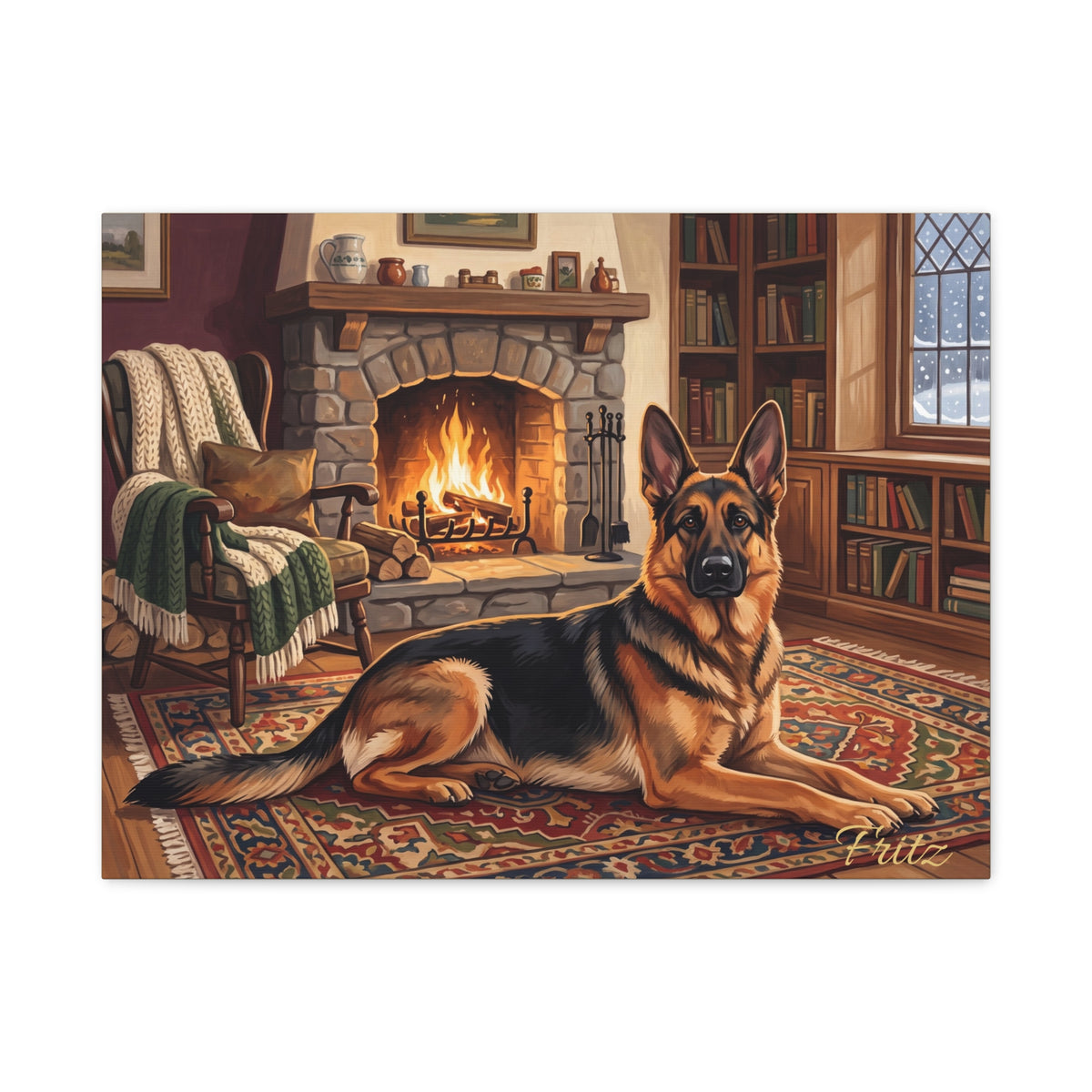 German Shepherd Personalized Canvas | Cozy Fireside Cabin Wall Art