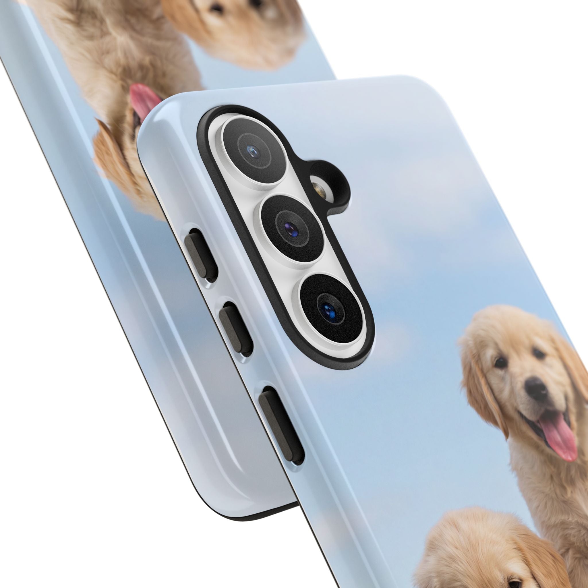 Golden Retriever Puppies on Barrel Phone Case | Cute Duo Under Blue Sky | iPhone & Samsung
