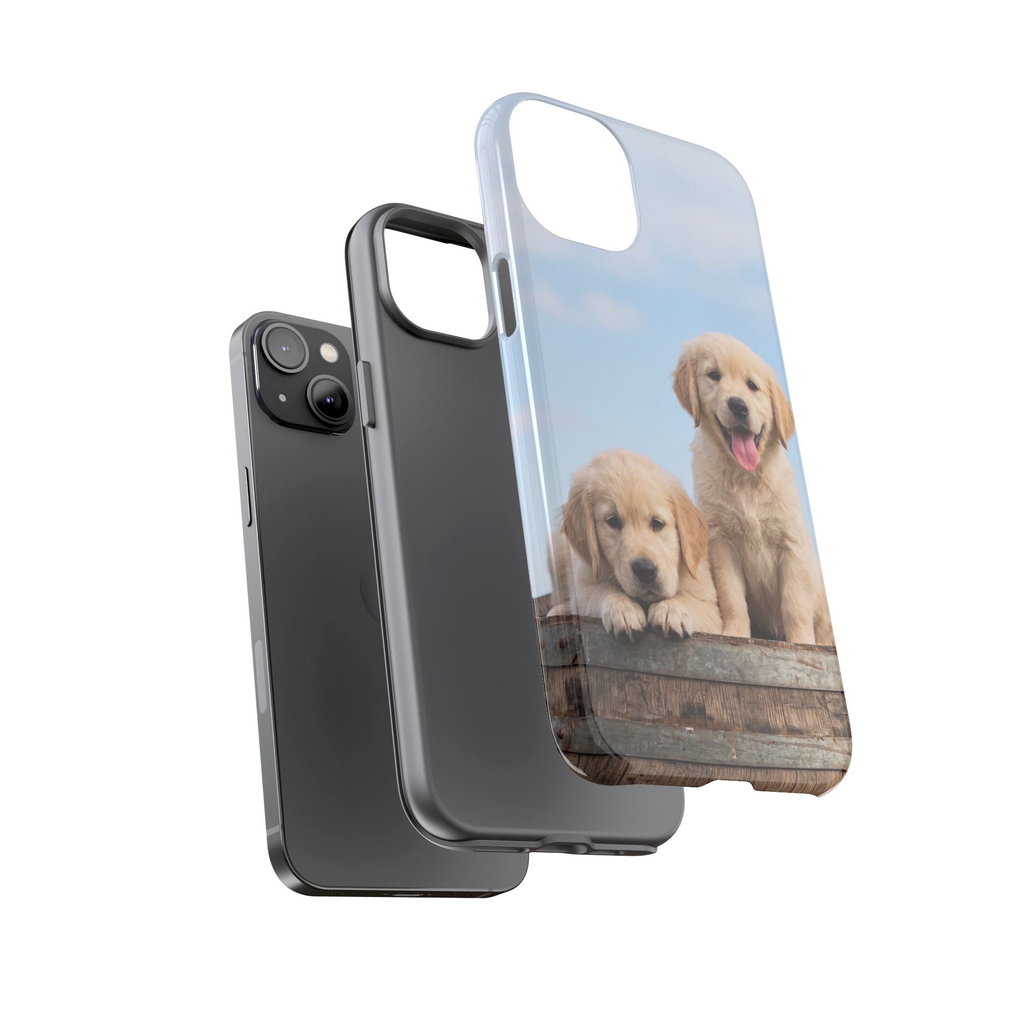 Golden Retriever Puppies on Barrel Phone Case | Cute Duo Under Blue Sky | iPhone & Samsung
