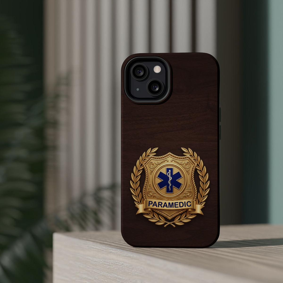 Gold Paramedic Laurel Badge Wood Phone Case — Magnetic Wireless Charging Cover