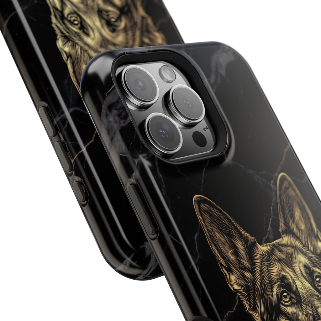 German Shepherd Phone Case | Black Marble Gold Sketch Art — Tough Magnetic Case with Wireless Charging
