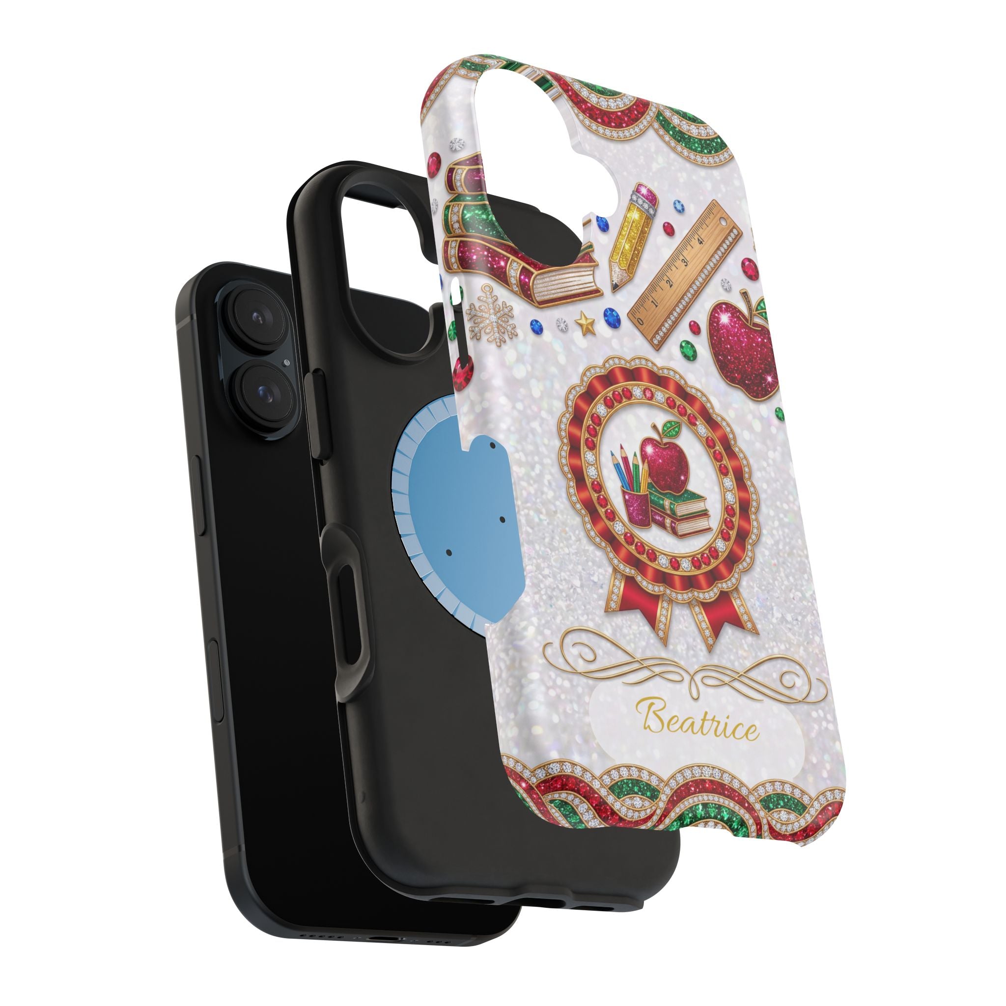 Jeweled Apple Medallion Personalized Teacher Phone Case — Wireless Charging Cover