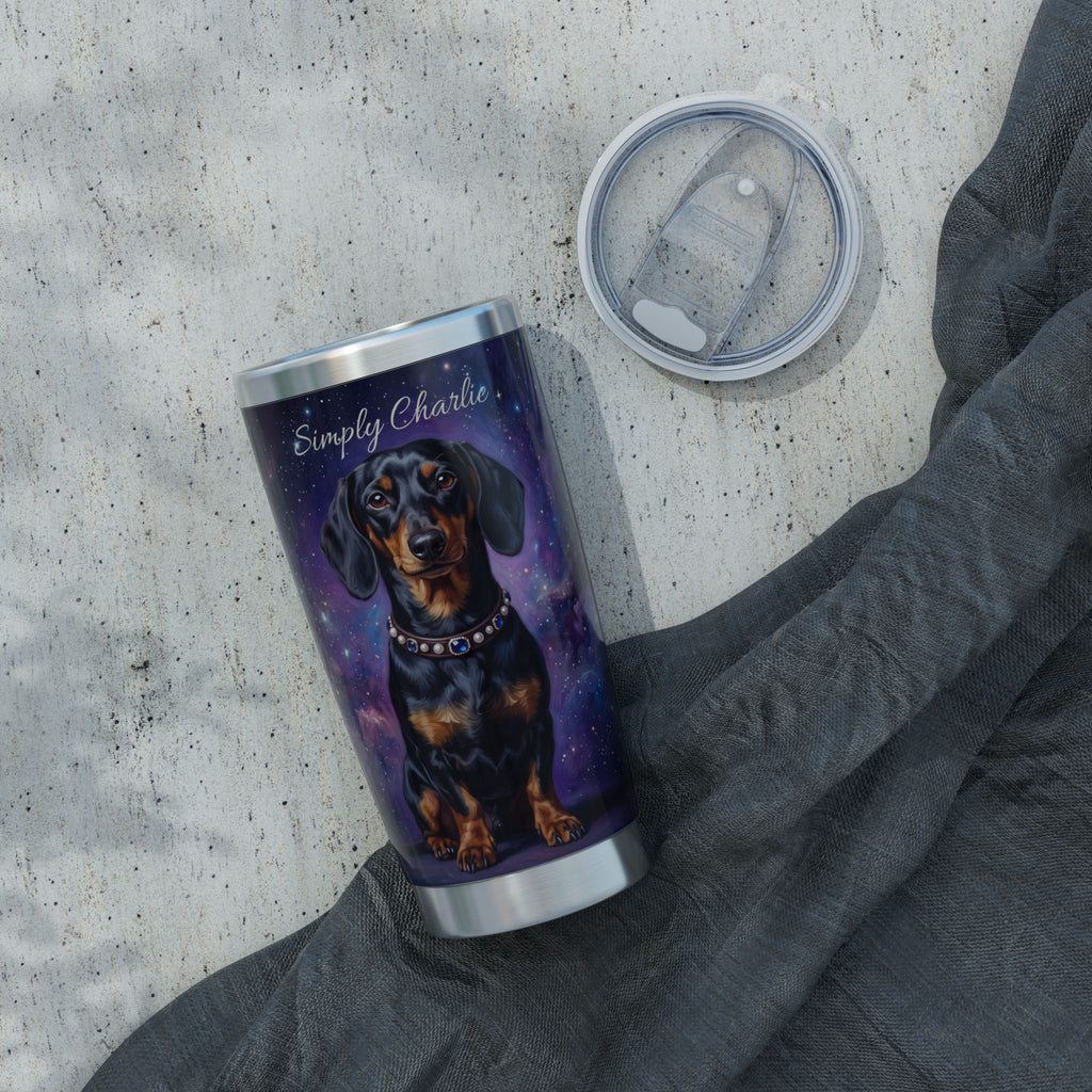 Dachshund Purple Galaxy Stainless Tumbler — 20oz Personalized Travel Mug with Black & Tan Cosmic Design