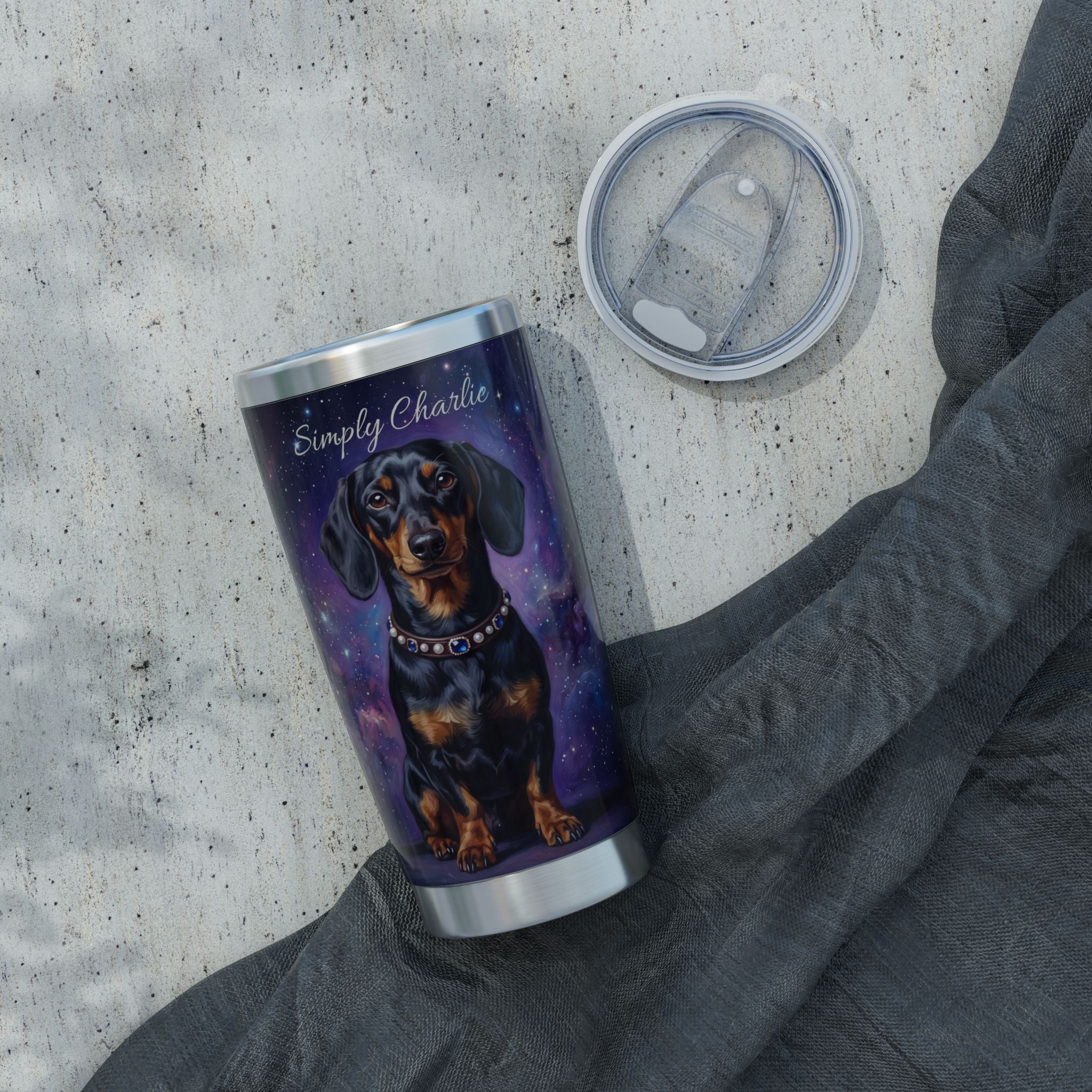 Dachshund Purple Galaxy Stainless Tumbler — 20oz Personalized Travel Mug with Black & Tan Cosmic Design