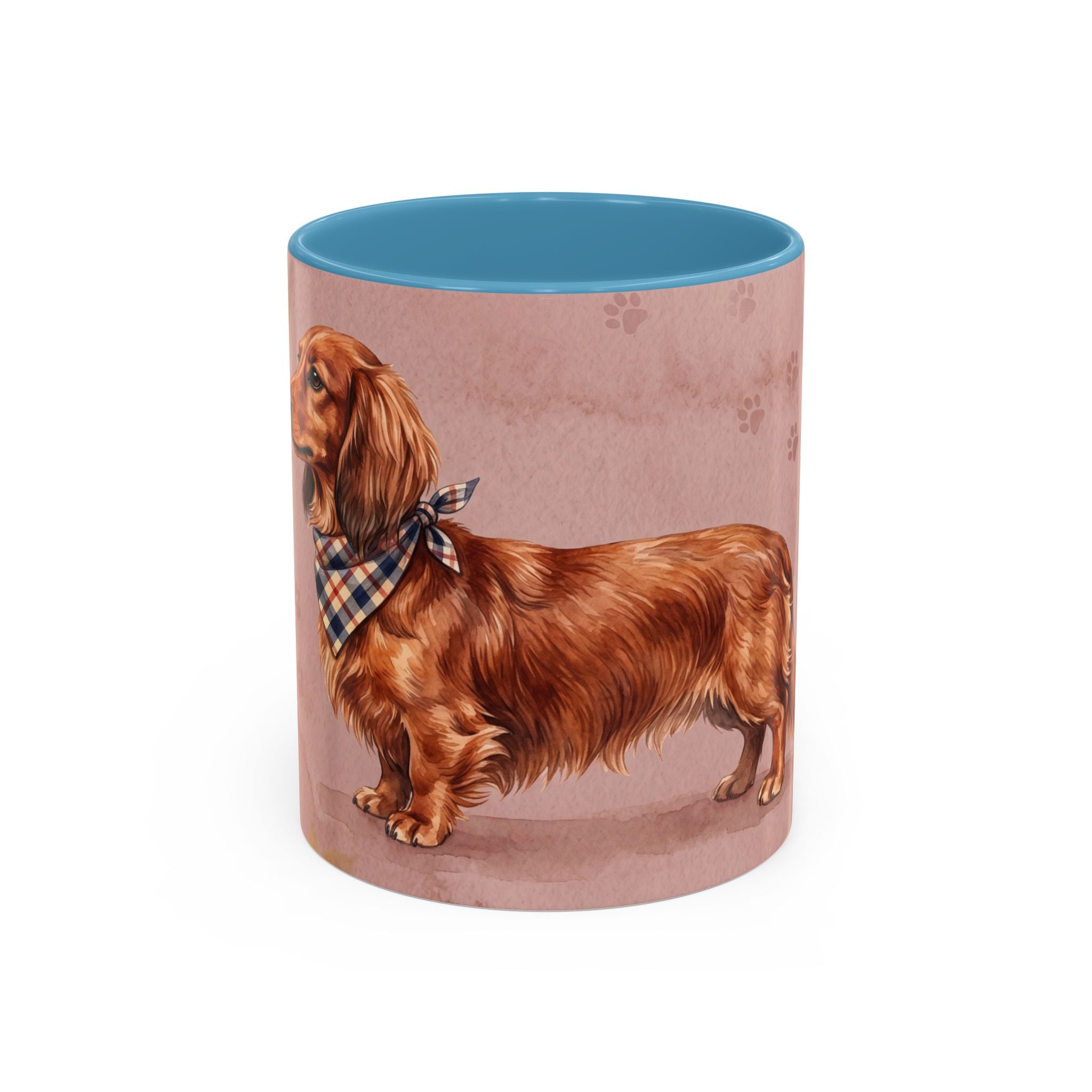 Dachshund Lover Mug | Long-Haired Wiener Dog with Plaid Bandana, Dusty Rose Watercolor Dog Gift