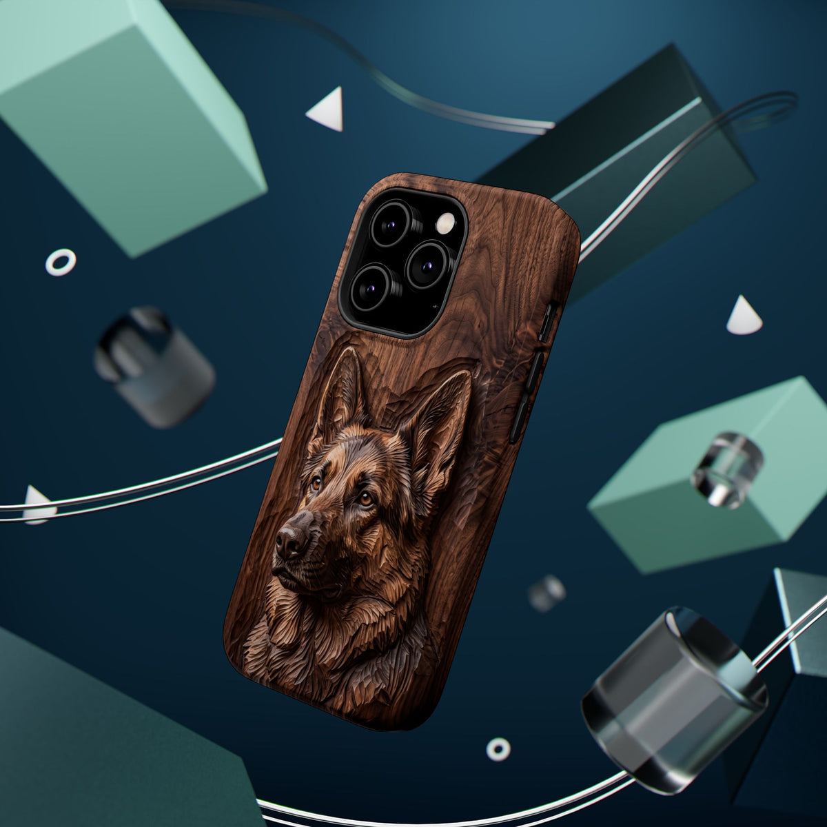 German Shepherd Phone Case | Carved Walnut Art — Tough Magnetic Case with Wireless Charging