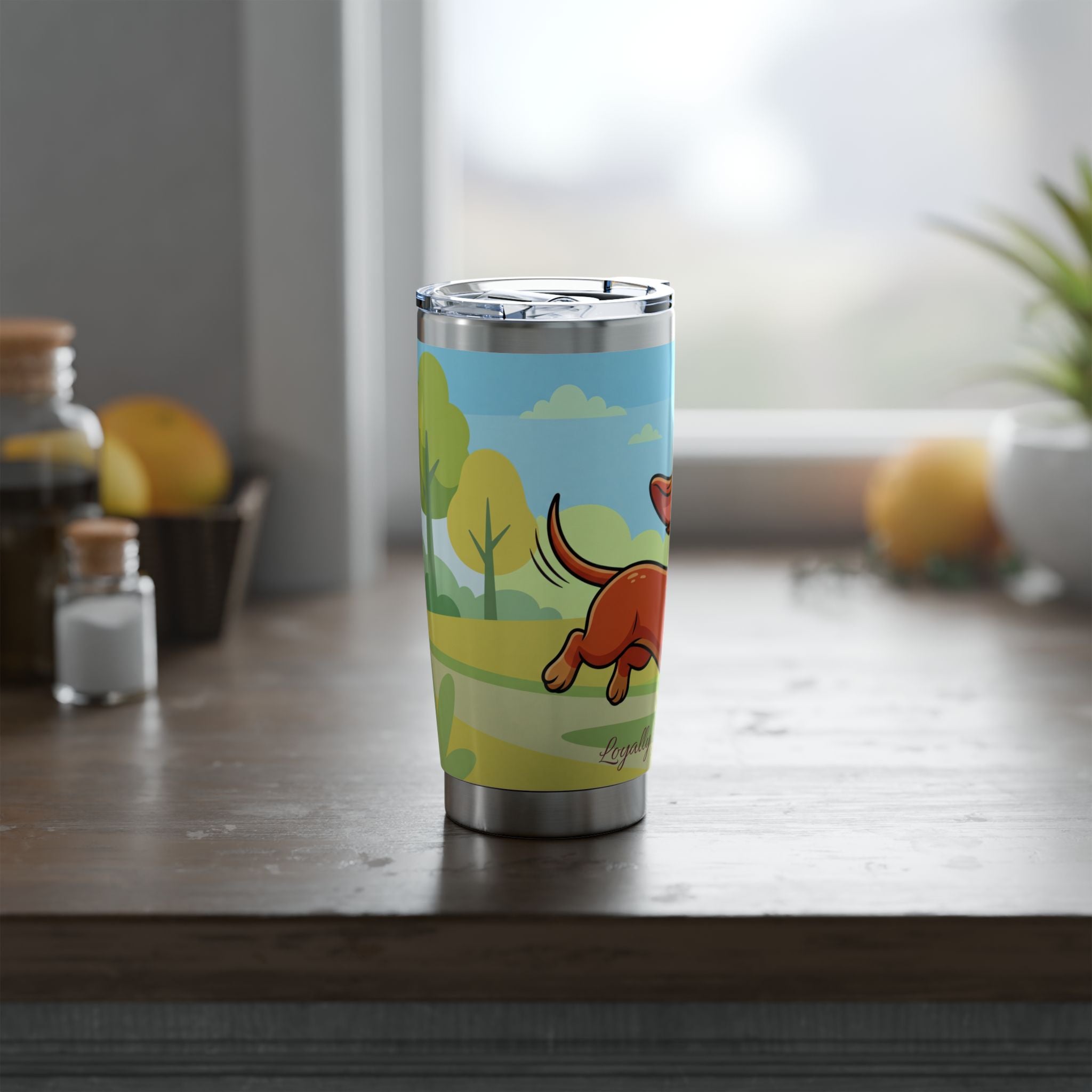 Dachshund Cartoon Stainless Tumbler — 20 oz Personalized Travel Mug with Playful Sunny Park Design