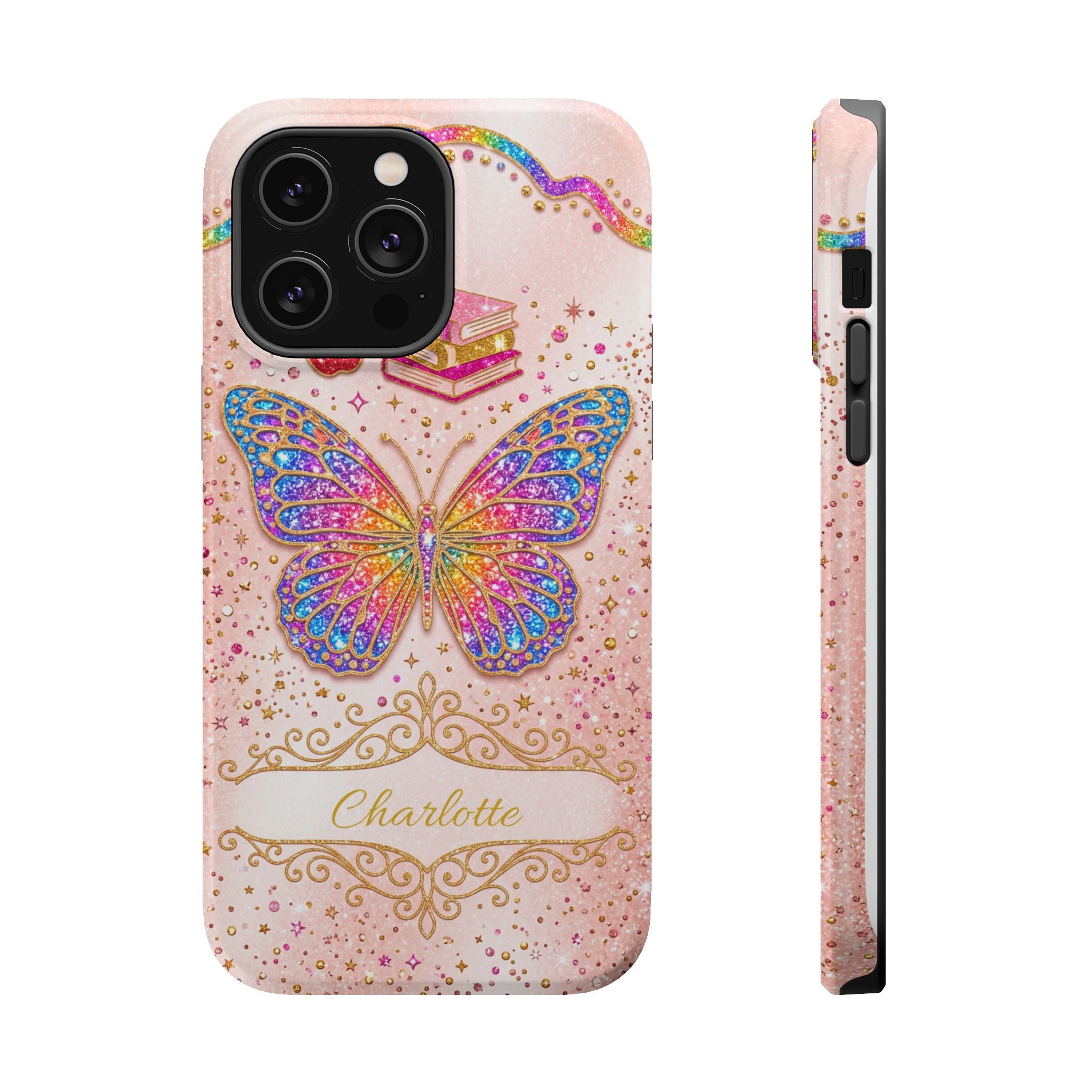 Blush Glitter Butterfly Personalized Teacher Phone Case — Wireless Charging Cover