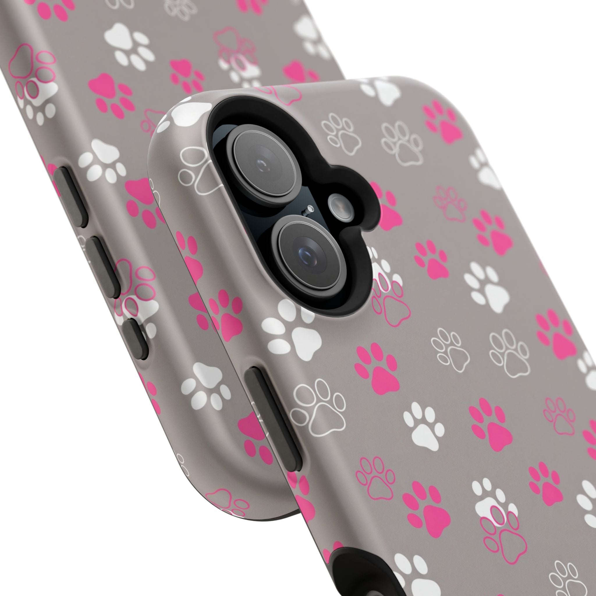 Pink & White Paw Print Phone Case — Impact-Resistant Wireless Charging Cover