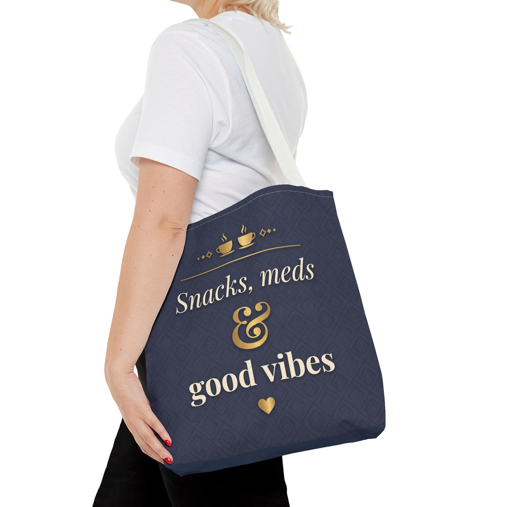 Snacks Meds & Good Vibes Tote | Funny Nurse Gift Tote Bag | Healthcare Worker Humour Gift | Premium Polyester Carry-All