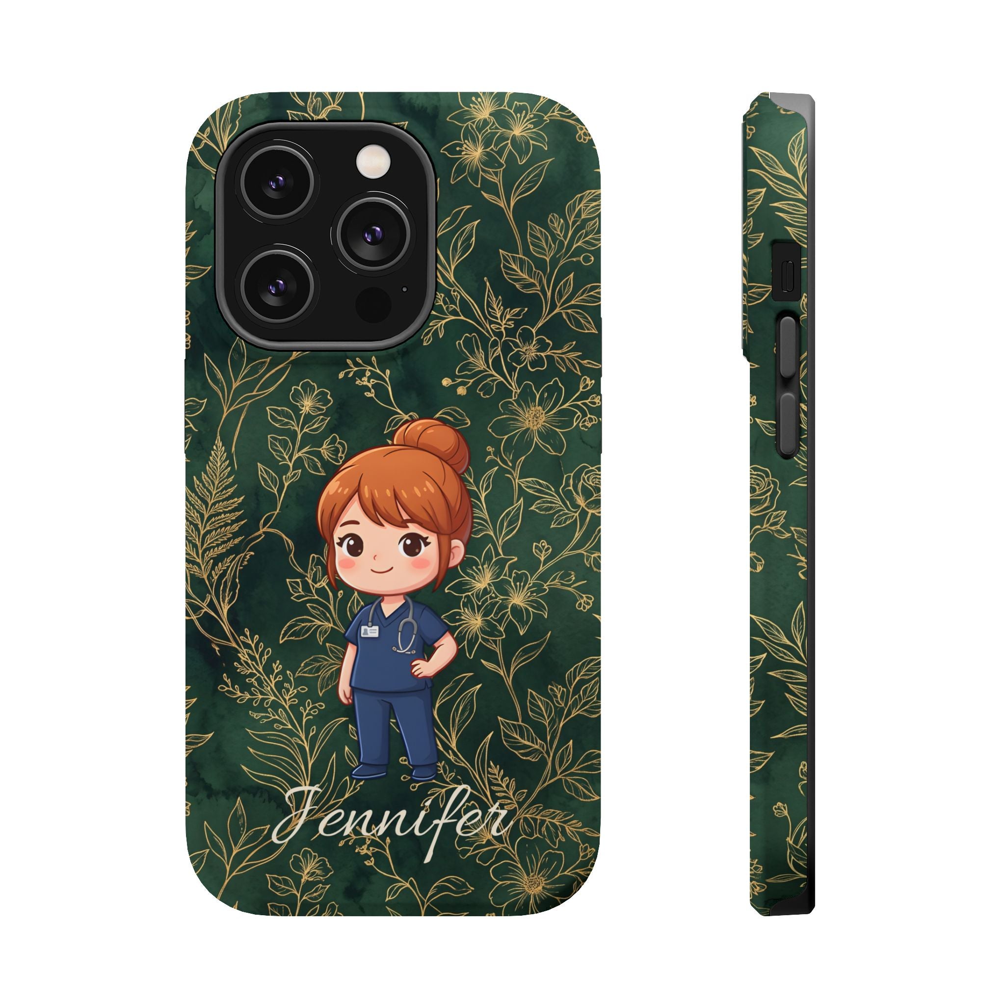 Personalized Nurse Botanical Phone Case — Impact-Resistant Wireless Charging Cover