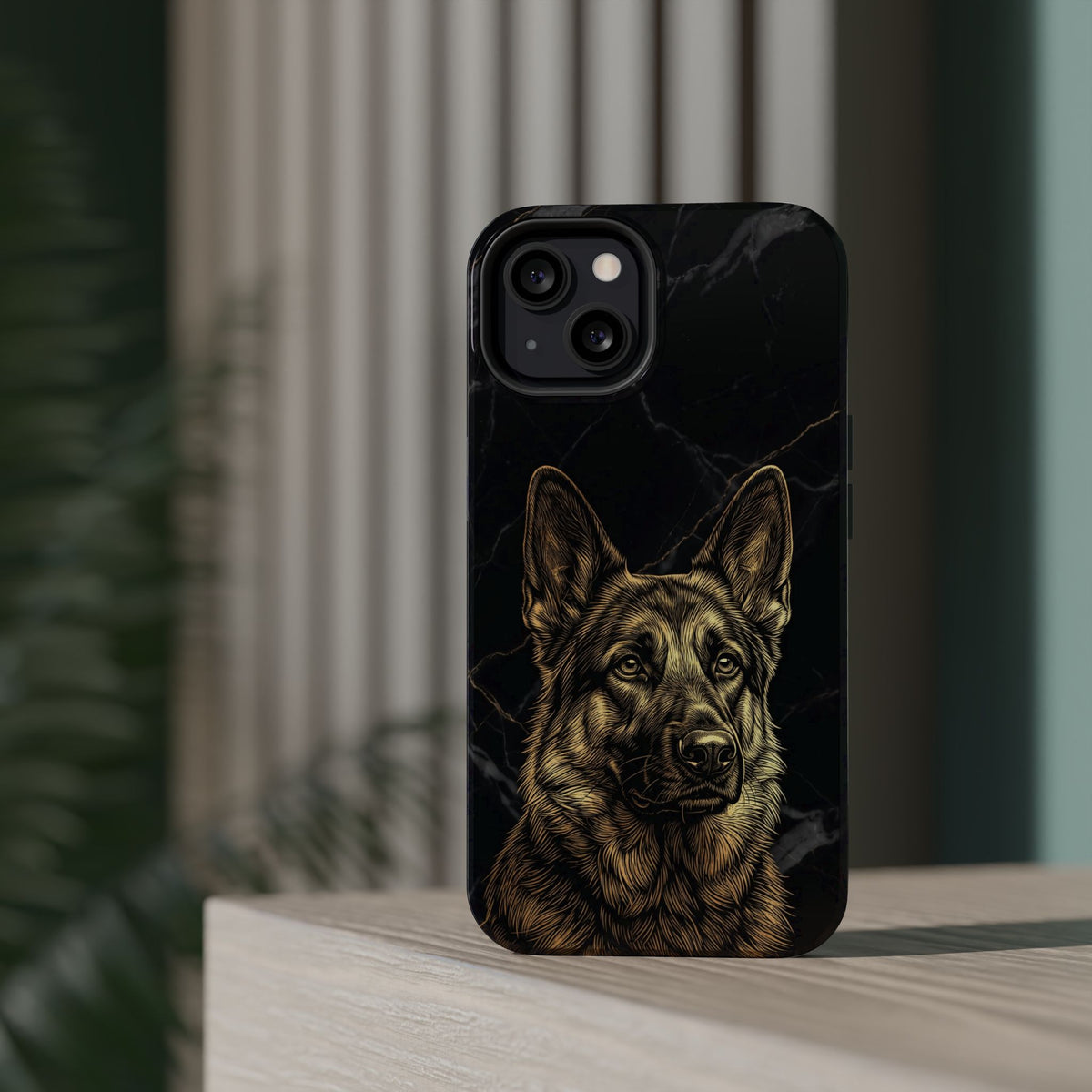 German Shepherd Phone Case | Black Marble Gold Sketch Art — Tough Magnetic Case with Wireless Charging