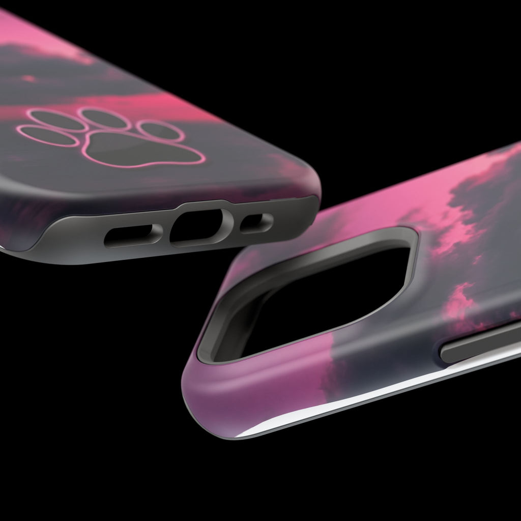 iPhone & Samsung Magnetic Impact-Resistant Phone Case — Pink Twilight Cloud with Paw Print