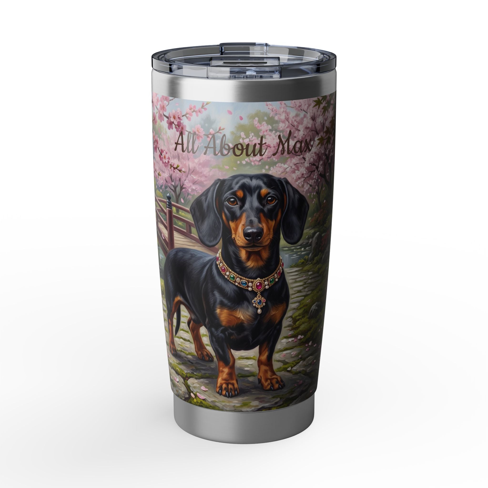 Dachshund Cherry Blossom Stainless Tumbler — 20 oz Personalized Travel Mug with Black & Tan Garden Design