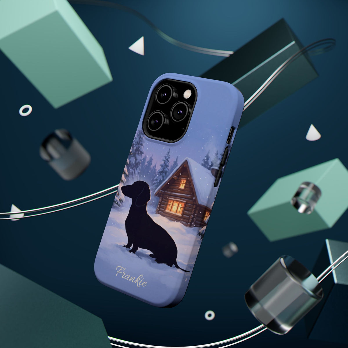 Personalized Dachshund Winter Cabin Phone Case — Wireless Charging Cover
