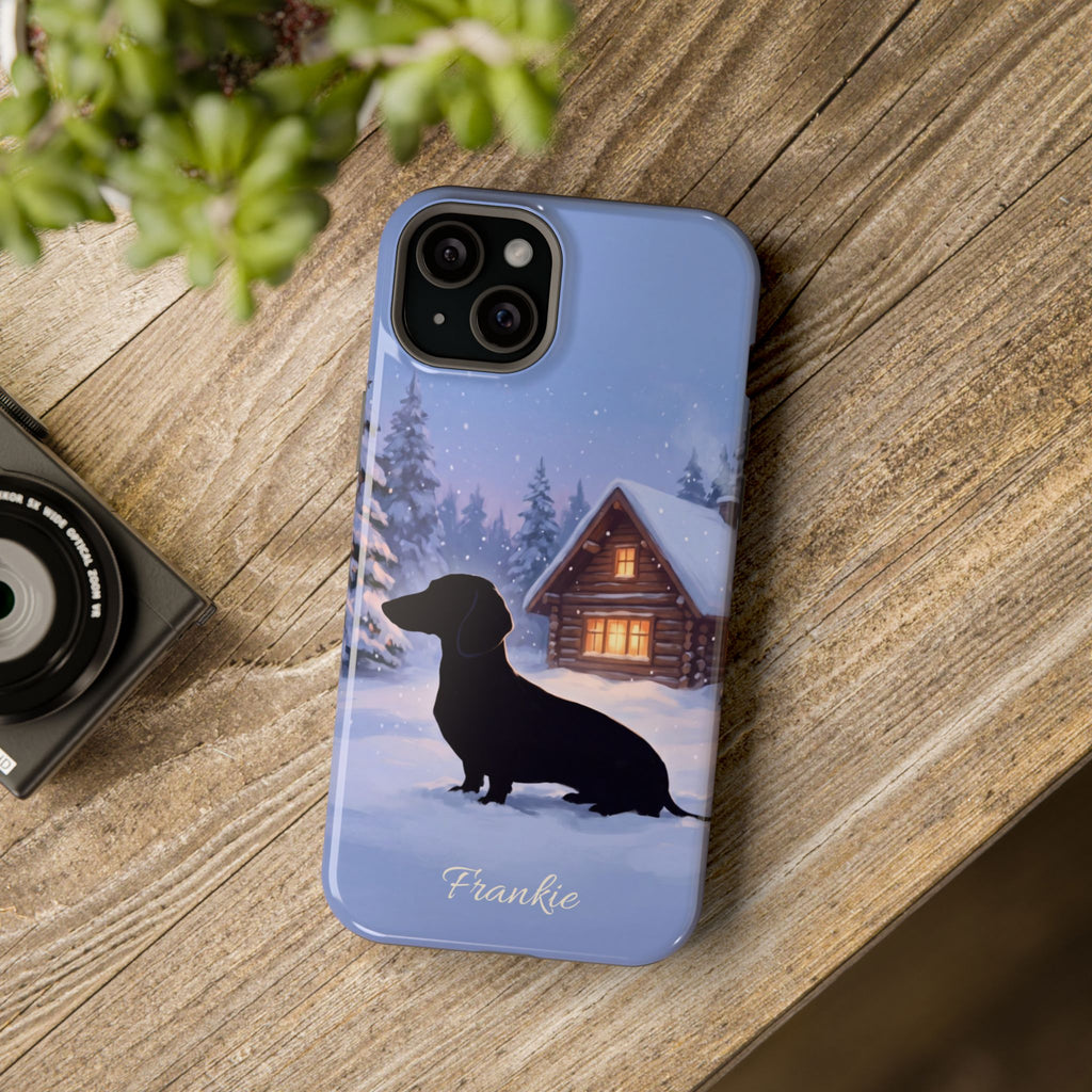 Personalized Dachshund Winter Cabin Phone Case — Wireless Charging Cover