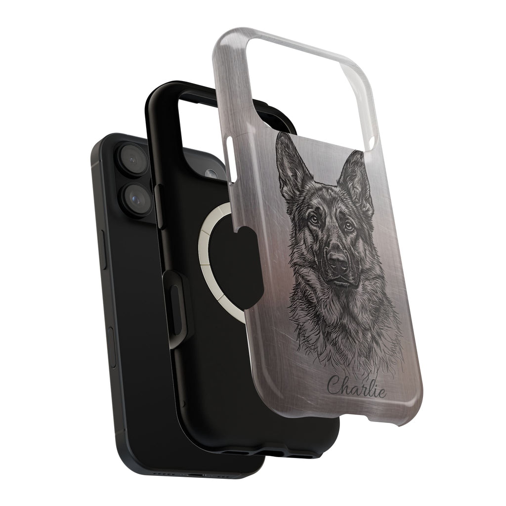 German Shepherd Phone Case | Personalized Etched Silver Art — Tough Magnetic Case with Wireless Charging