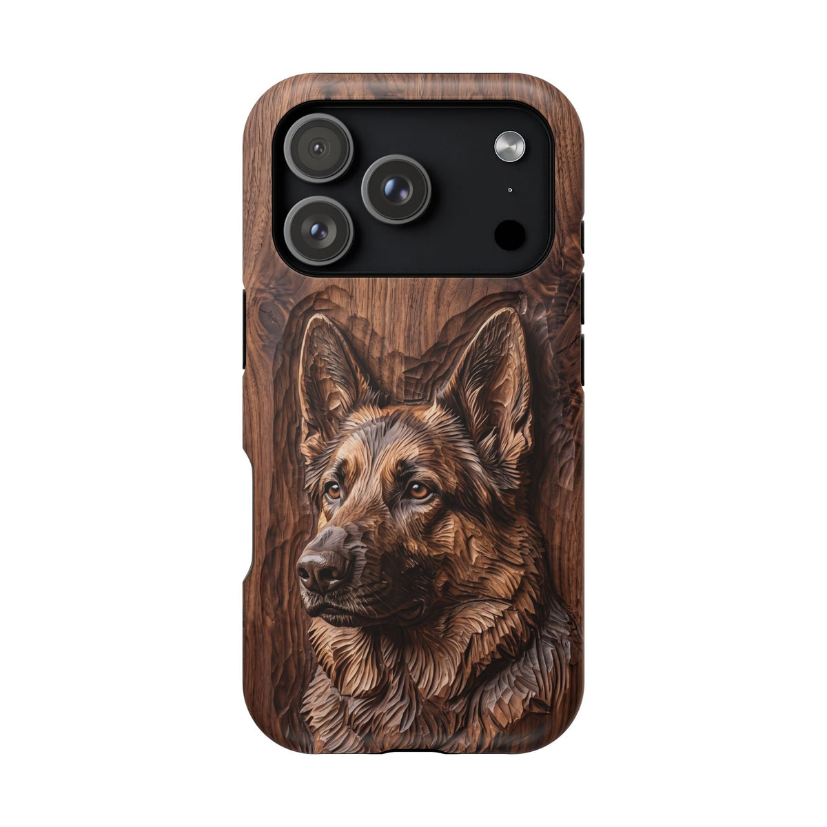German Shepherd Phone Case | Carved Walnut Art — Tough Magnetic Case with Wireless Charging