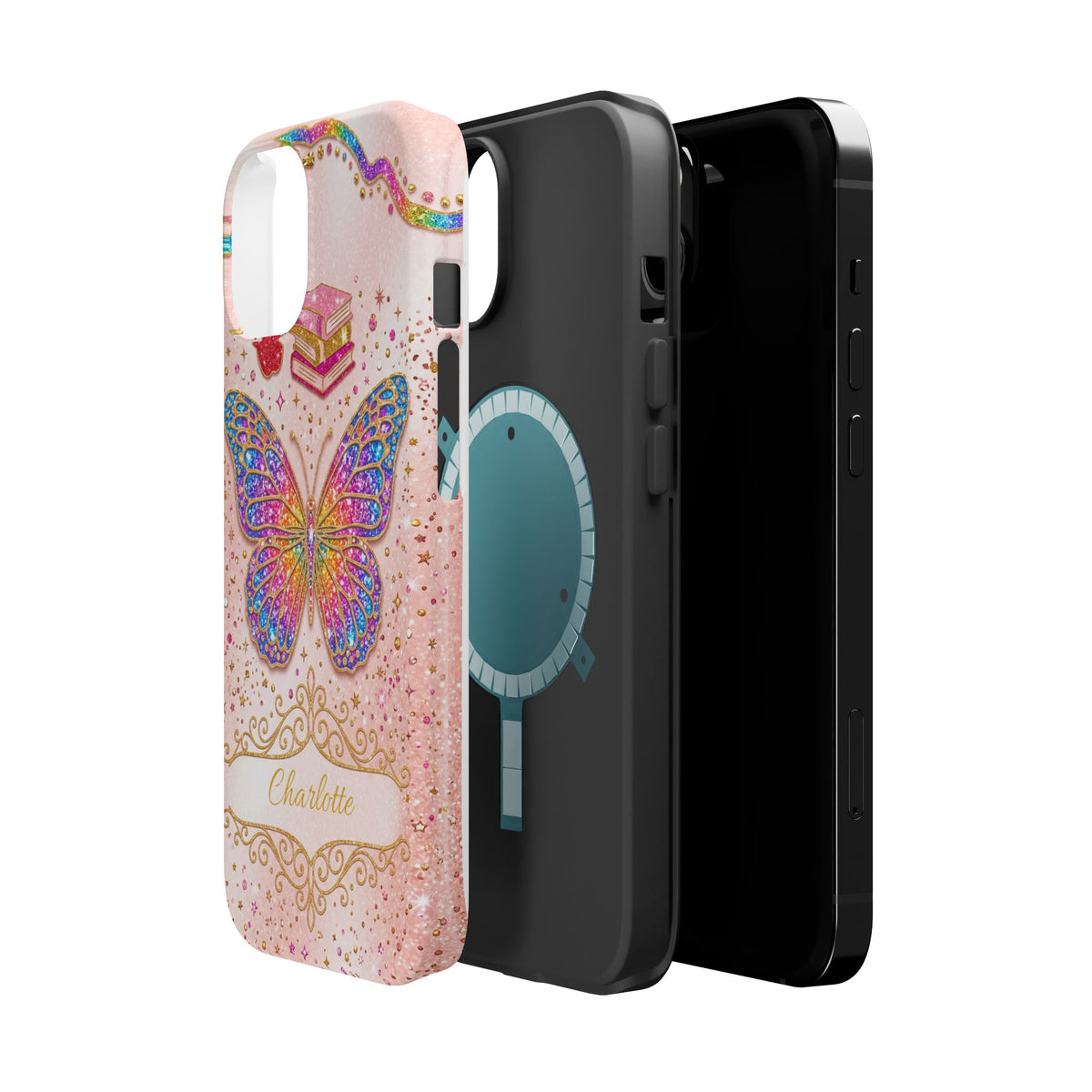 Blush Glitter Butterfly Personalized Teacher Phone Case — Wireless Charging Cover