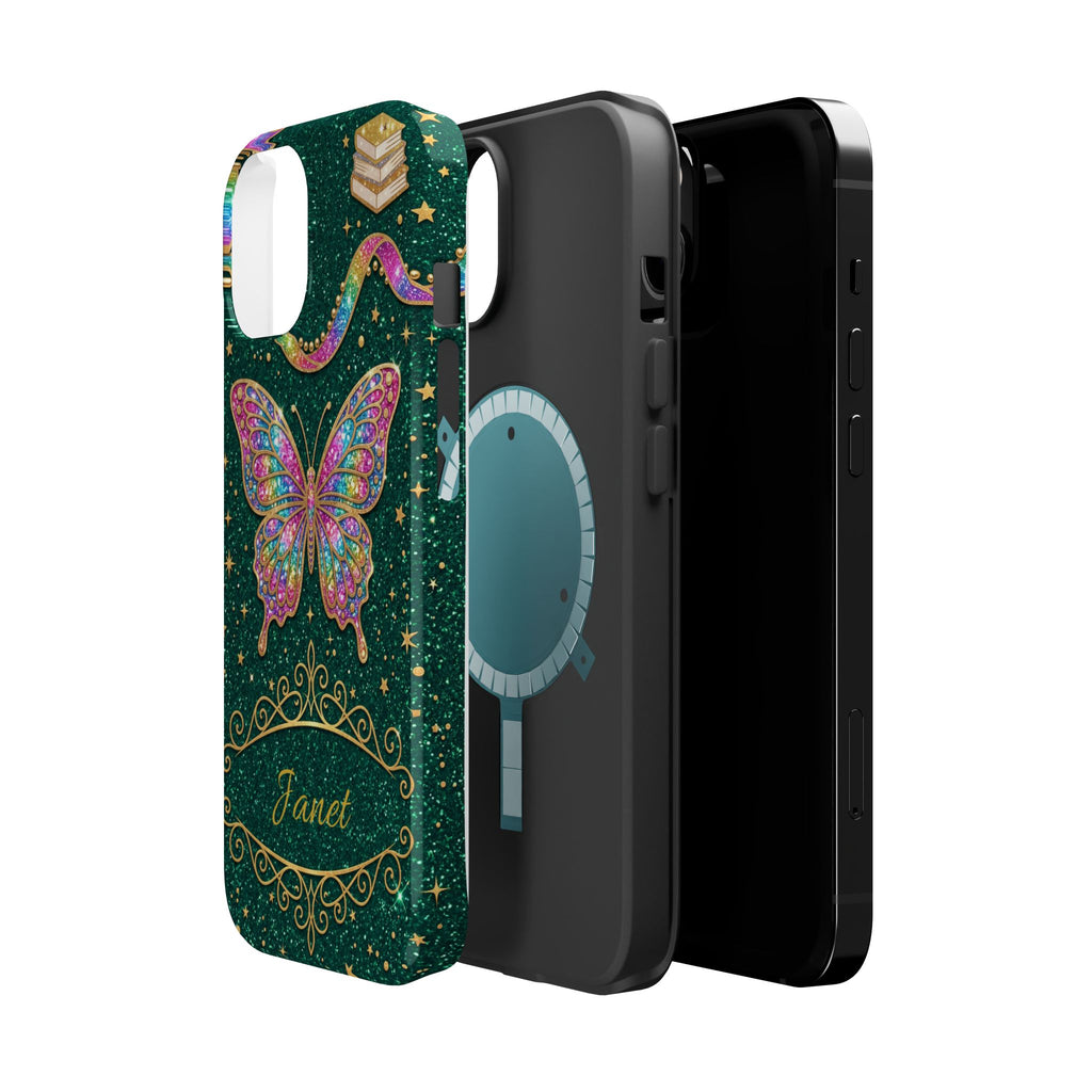 Rainbow Glitter Butterfly Personalized Teacher Phone Case — Wireless Charging Cover